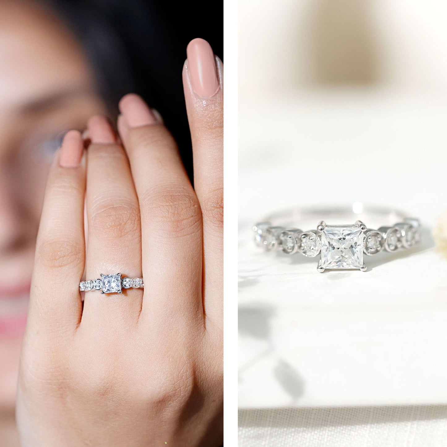 0.8 Carat Lab Grown Diamond Princess Cut Engagement Ring With Side Stones