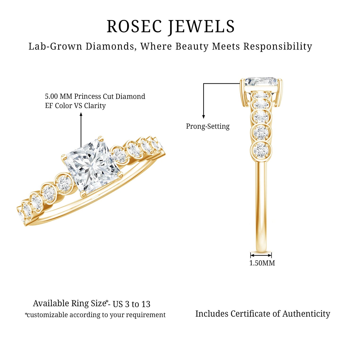 0.8 Carat Lab Grown Diamond Princess Cut Engagement Ring With Side Stones