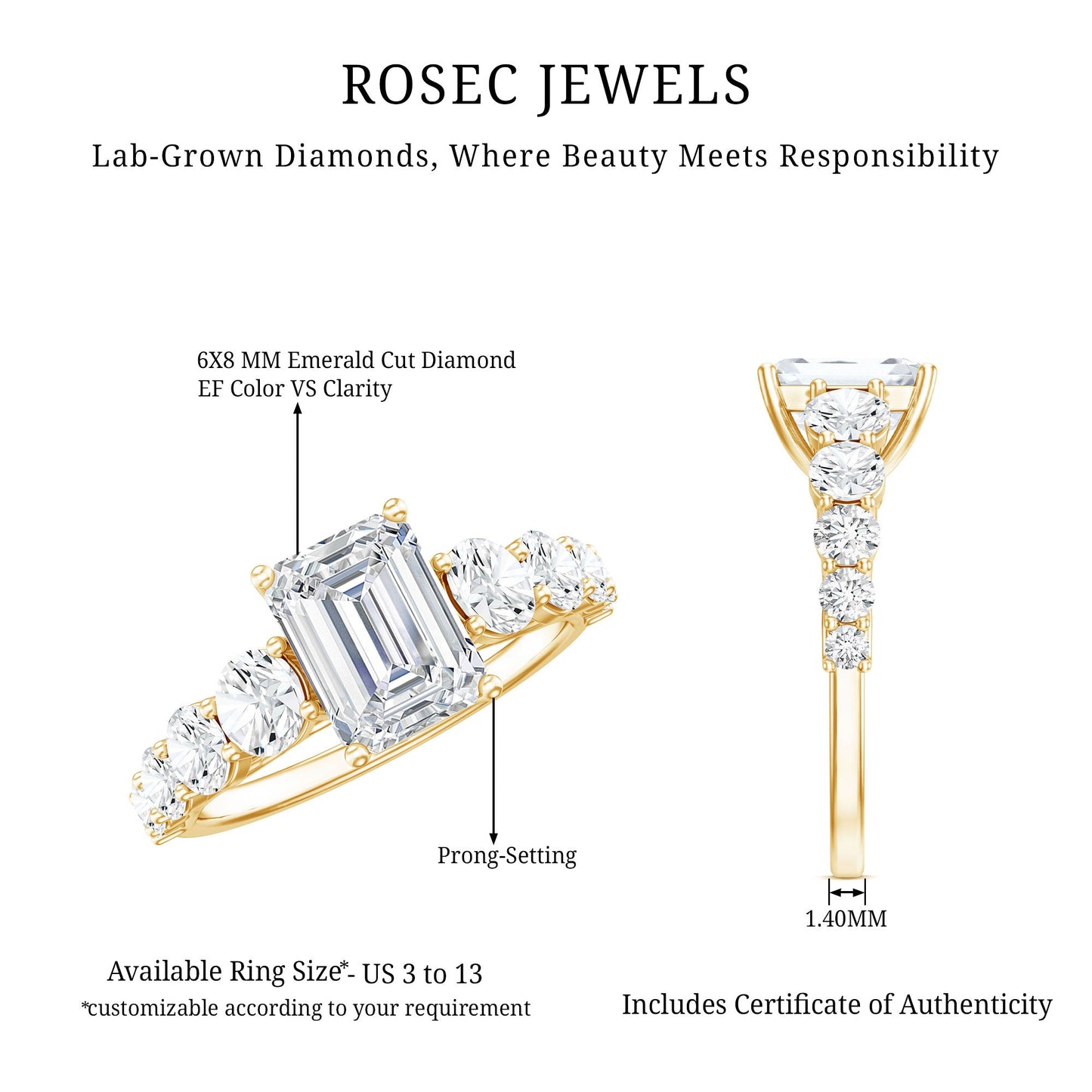 1.8 Carat Lab Grown Diamond Emerald Cut Engagement Ring With Side Stones