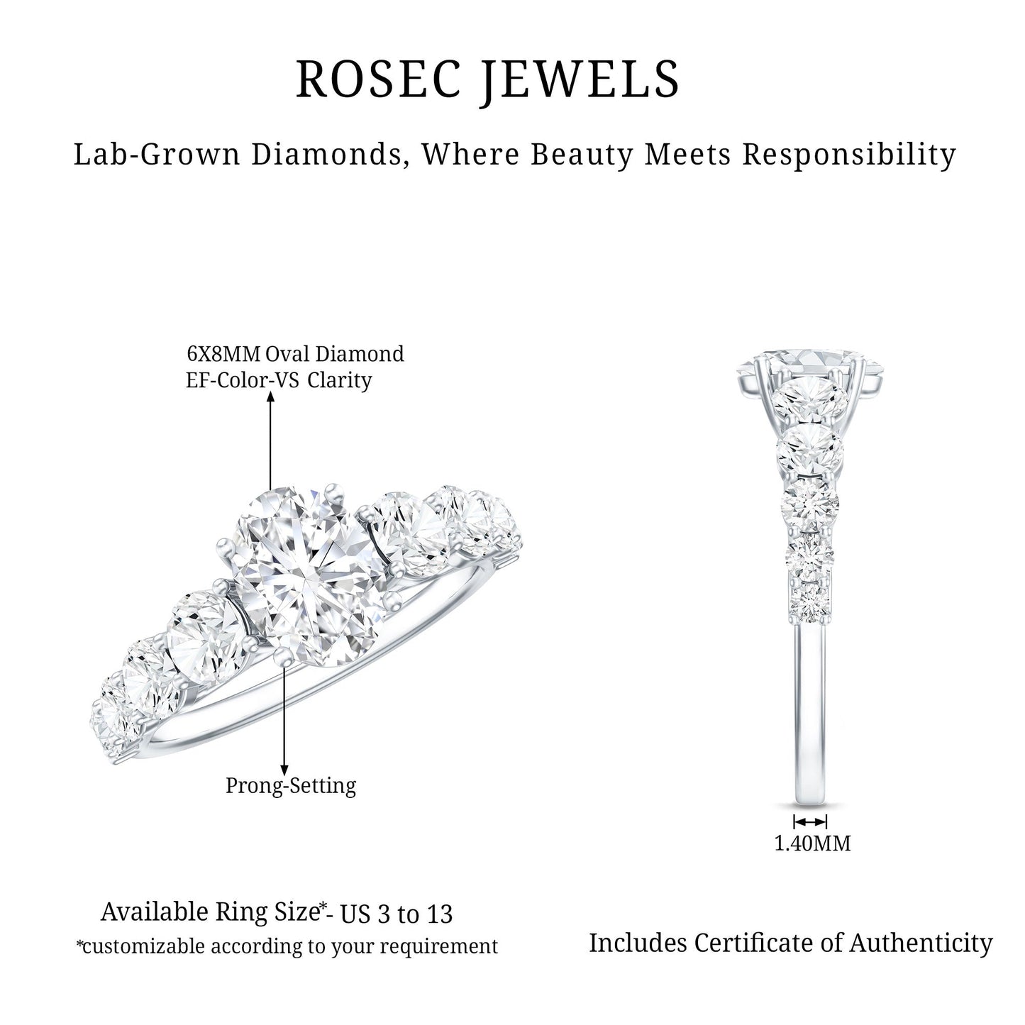 Lab Grown 1.2 Carat Diamond Oval Engagement Ring With Side Stones
