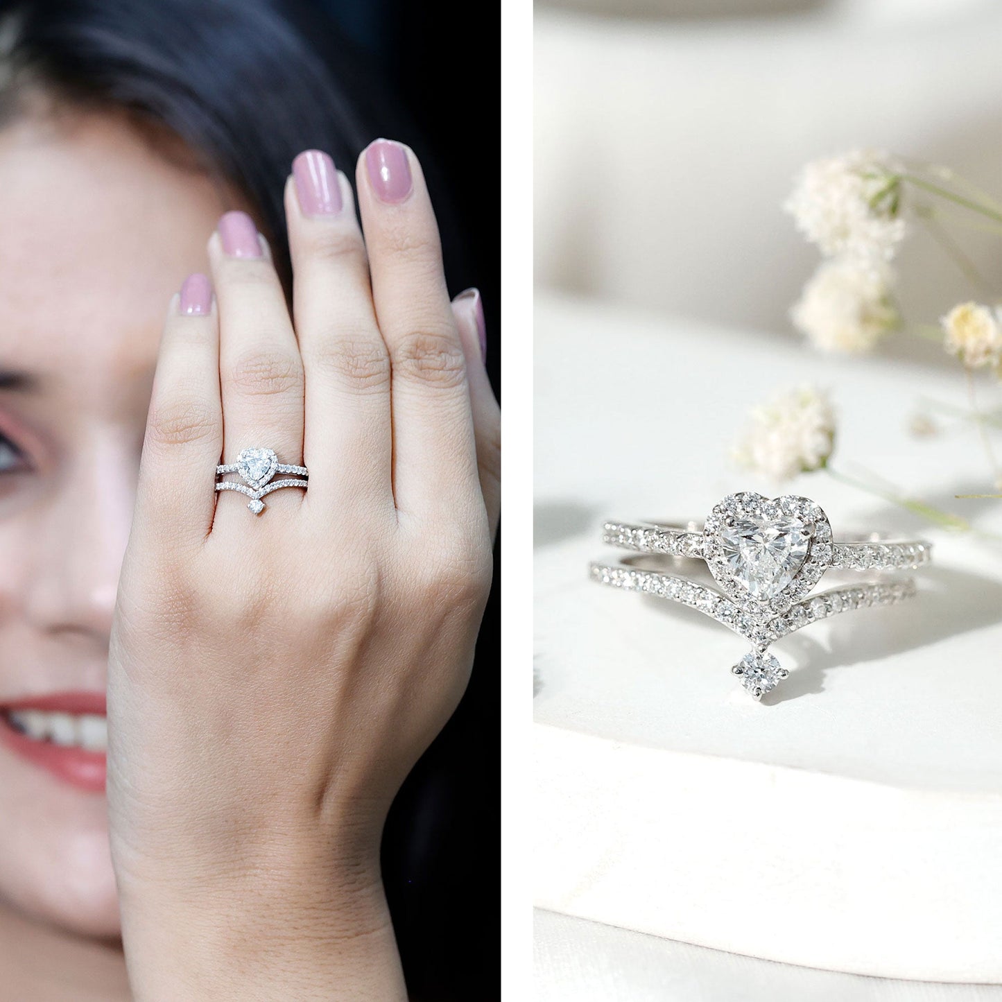 Certified 0.5 Carat Lab Grown Diamond Heart Bridal Ring Set