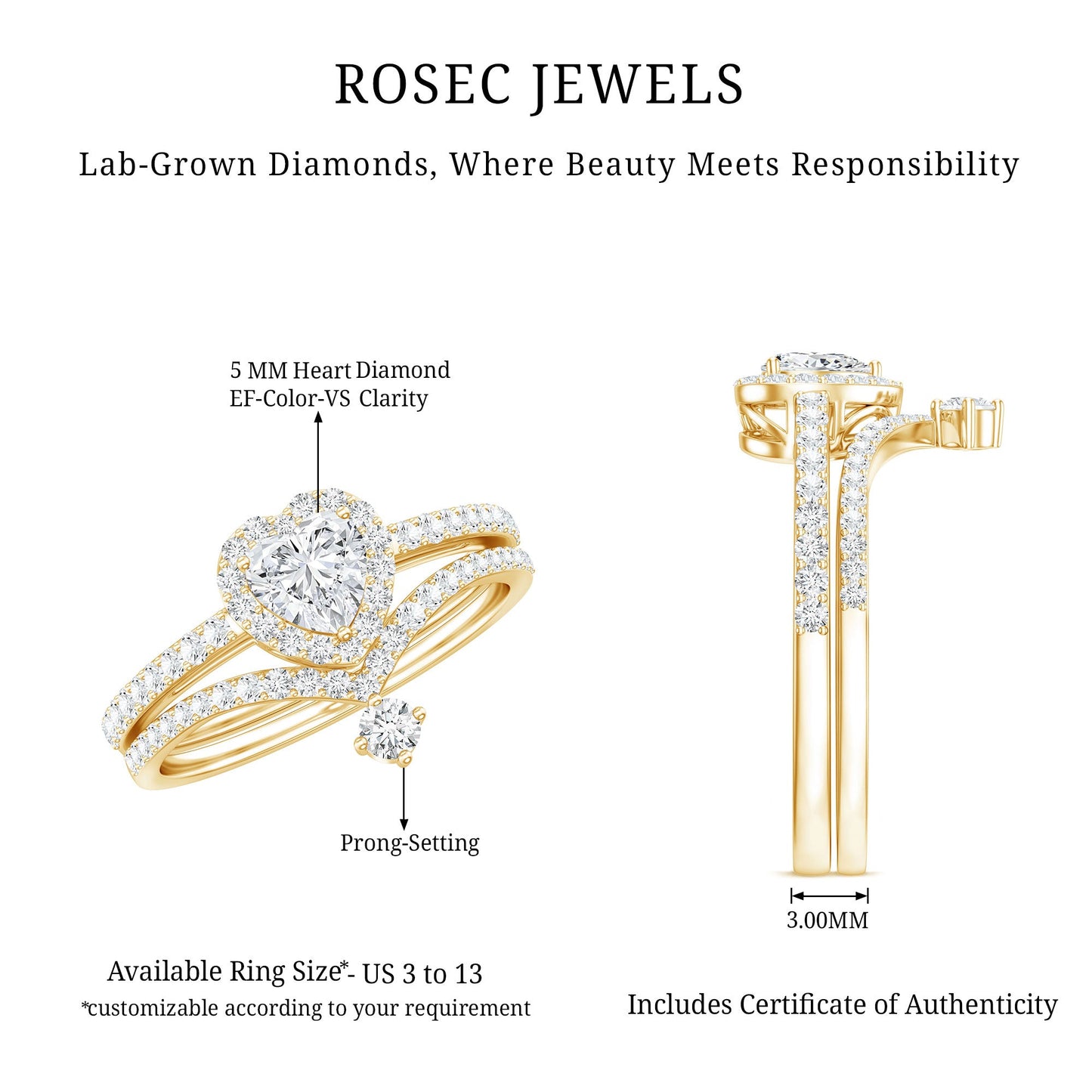 Certified 0.5 Carat Lab Grown Diamond Heart Bridal Ring Set