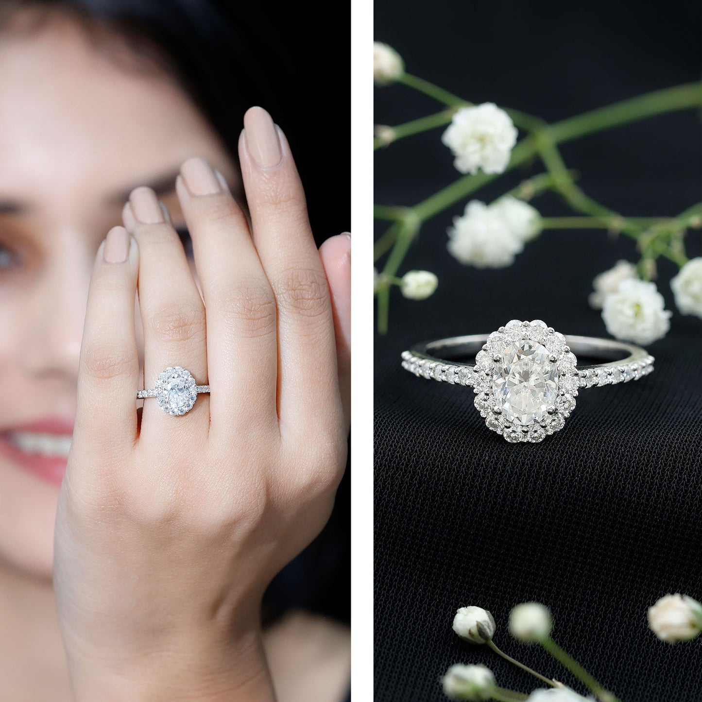 Lab Grown Diamond 1.2 Carat Oval Halo Engagement Ring With Side Stones