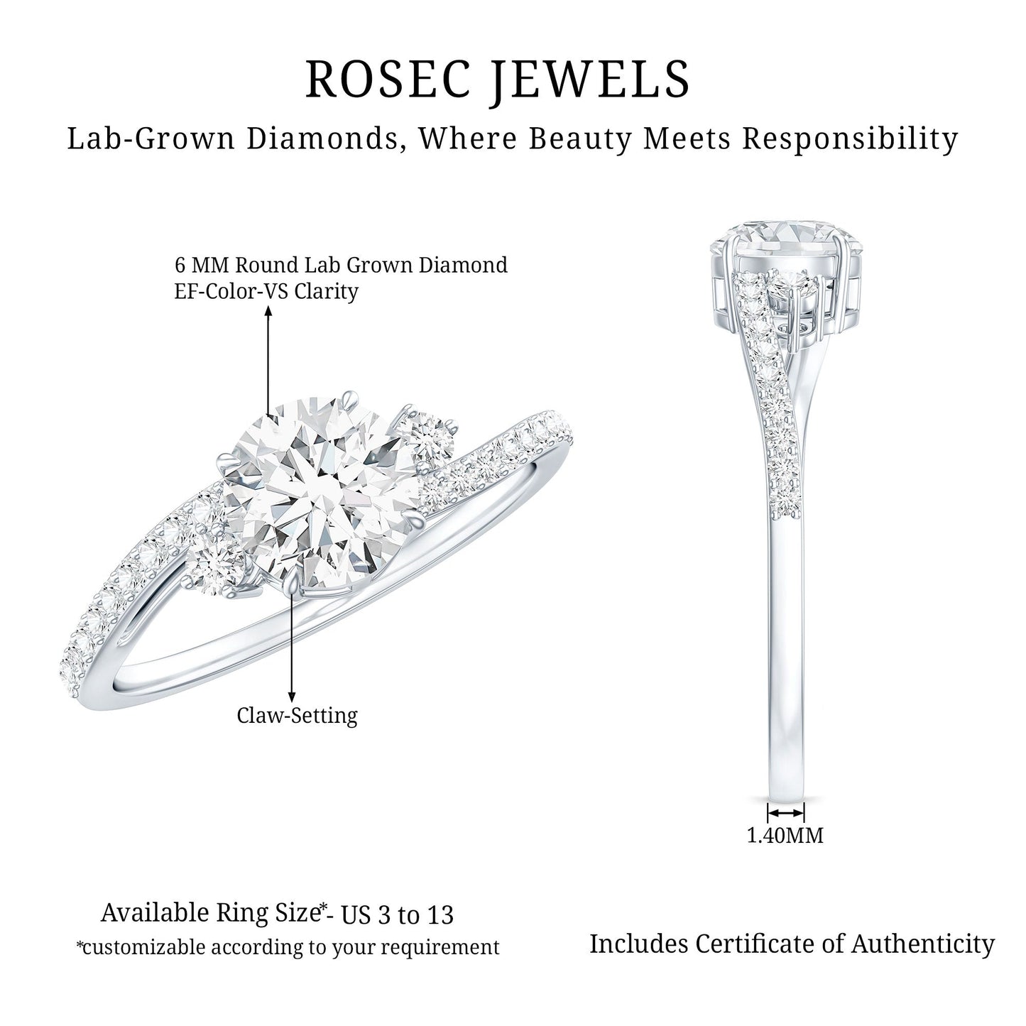 0.9 Carat Lab Grown Diamond Solitaire Engagement Ring With Side Stones