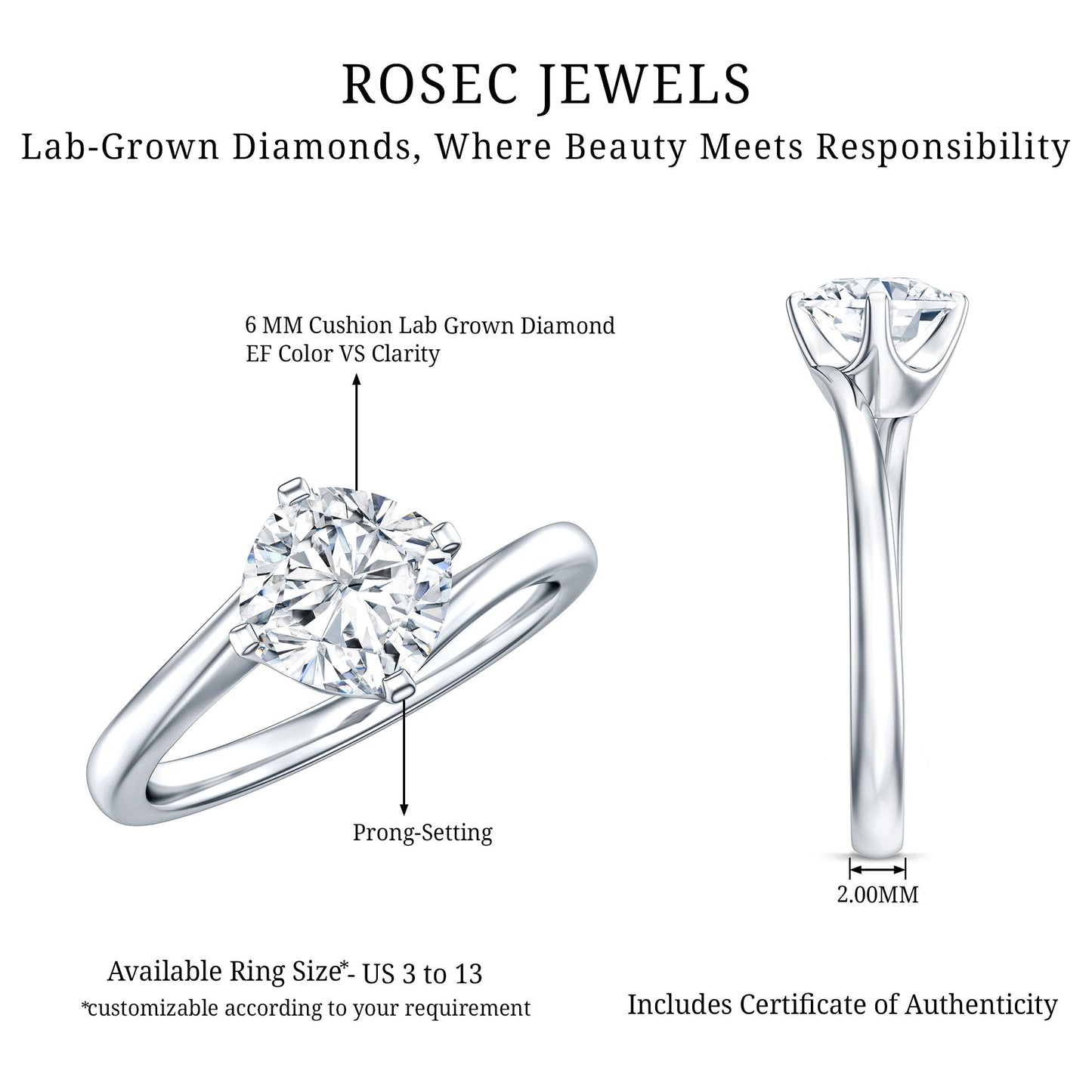Certified 1.7 Carat Cushion Lab Grown Diamond Solitaire Engagement Ring