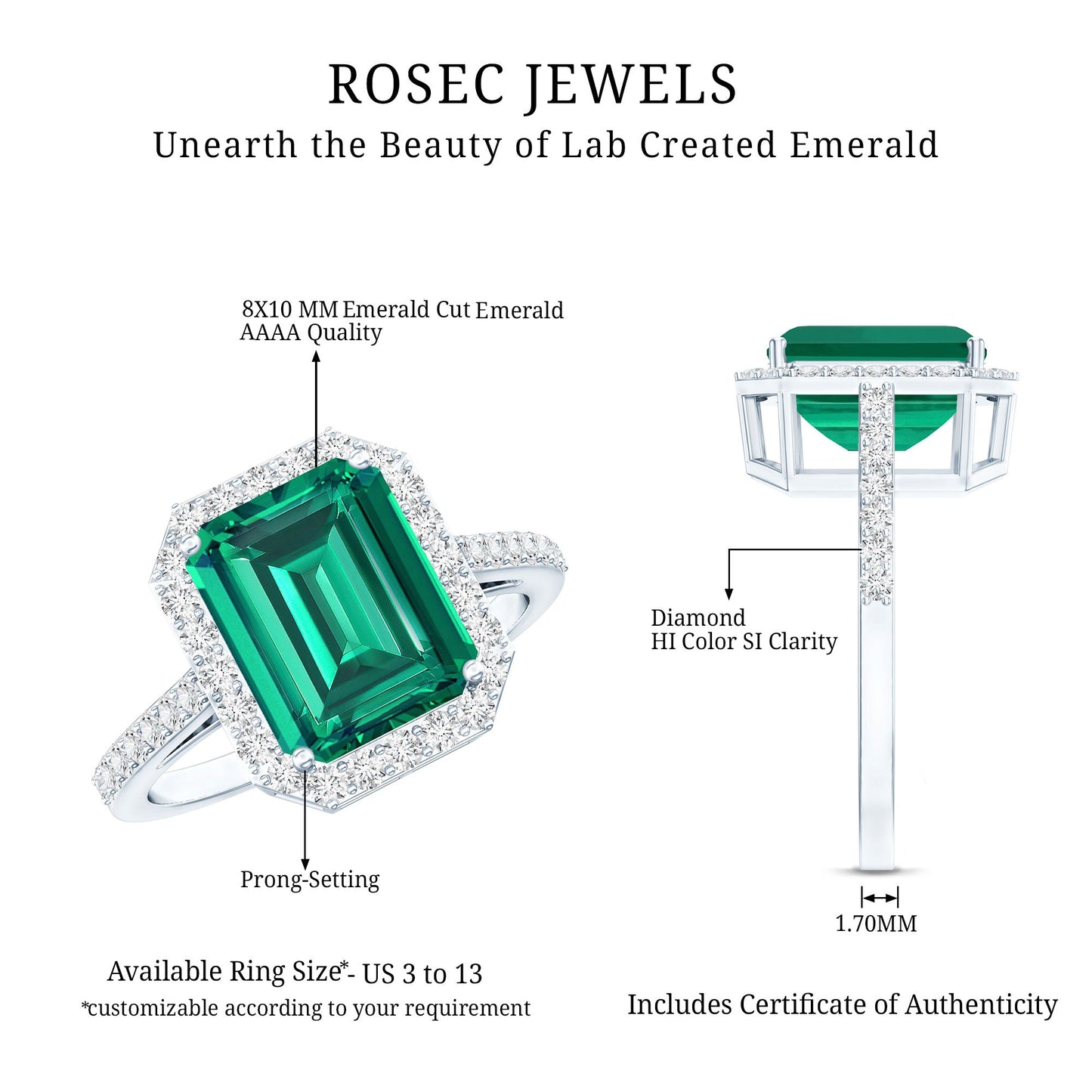 Lab Grown 3 Carat Emerald Cut Emerald Engagement Ring with Diamond Halo