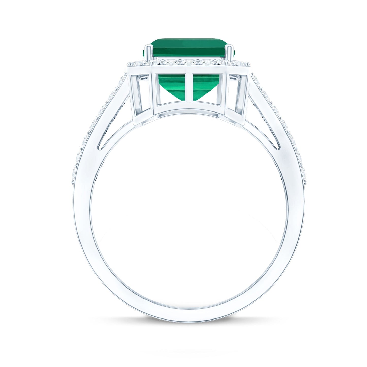 Lab Grown 3 Carat Emerald Cut Emerald Engagement Ring with Diamond Halo