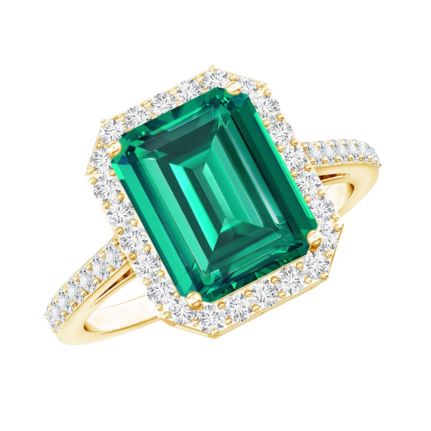 Lab Grown 3 Carat Emerald Cut Emerald Engagement Ring with Diamond Halo