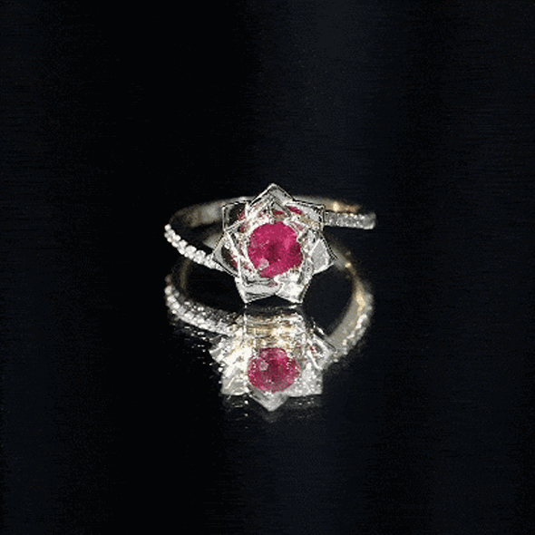 Natural 0.6 Carat Ruby Flower Engagement Ring with Diamond Bypass Shank