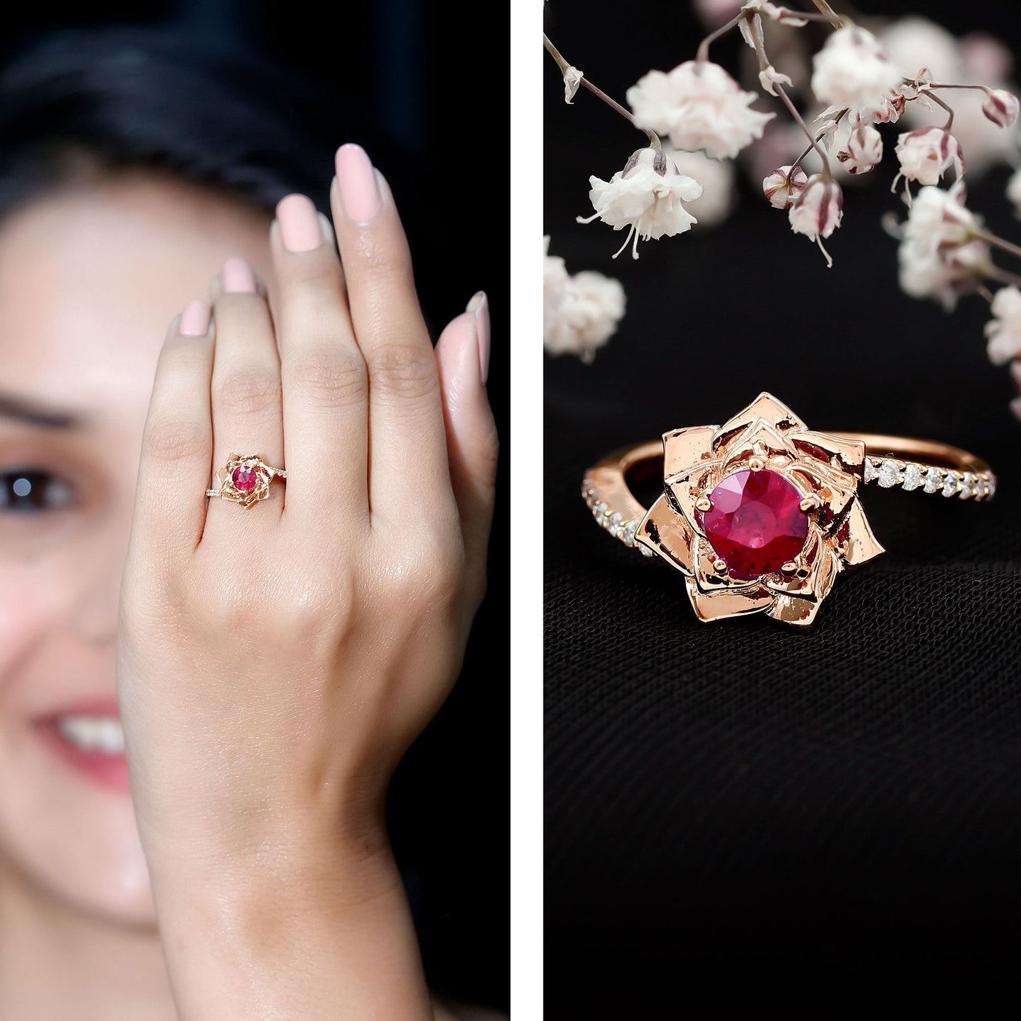 Natural 0.6 Carat Ruby Flower Engagement Ring with Diamond Bypass Shank
