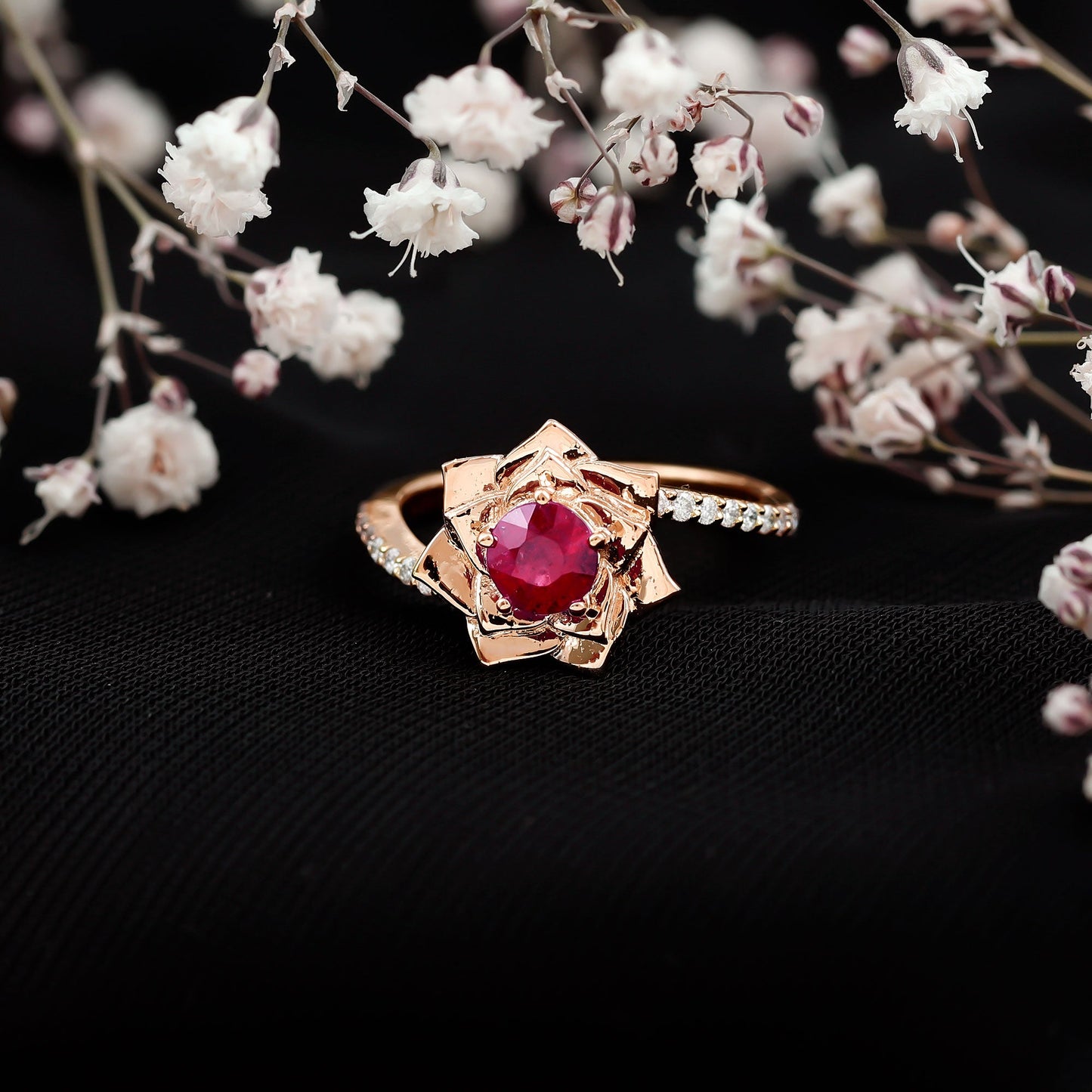 Natural 0.6 Carat Ruby Flower Engagement Ring with Diamond Bypass Shank