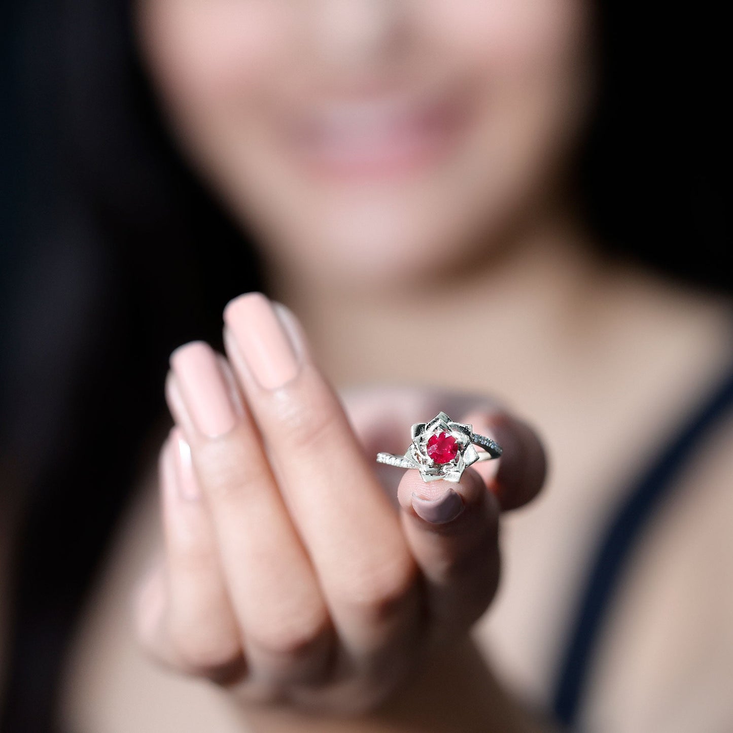 Natural 0.6 Carat Ruby Flower Engagement Ring with Diamond Bypass Shank