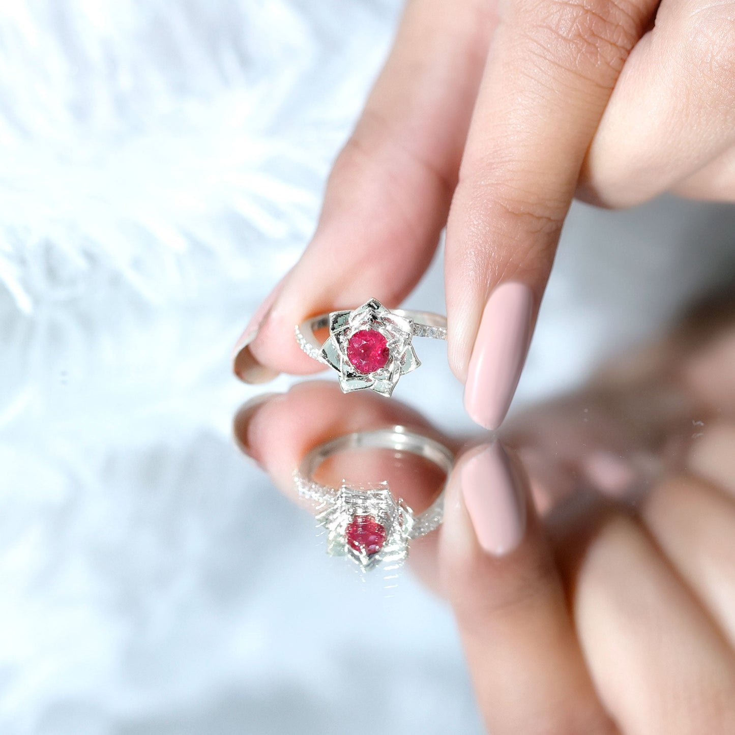 Natural 0.6 Carat Ruby Flower Engagement Ring with Diamond Bypass Shank
