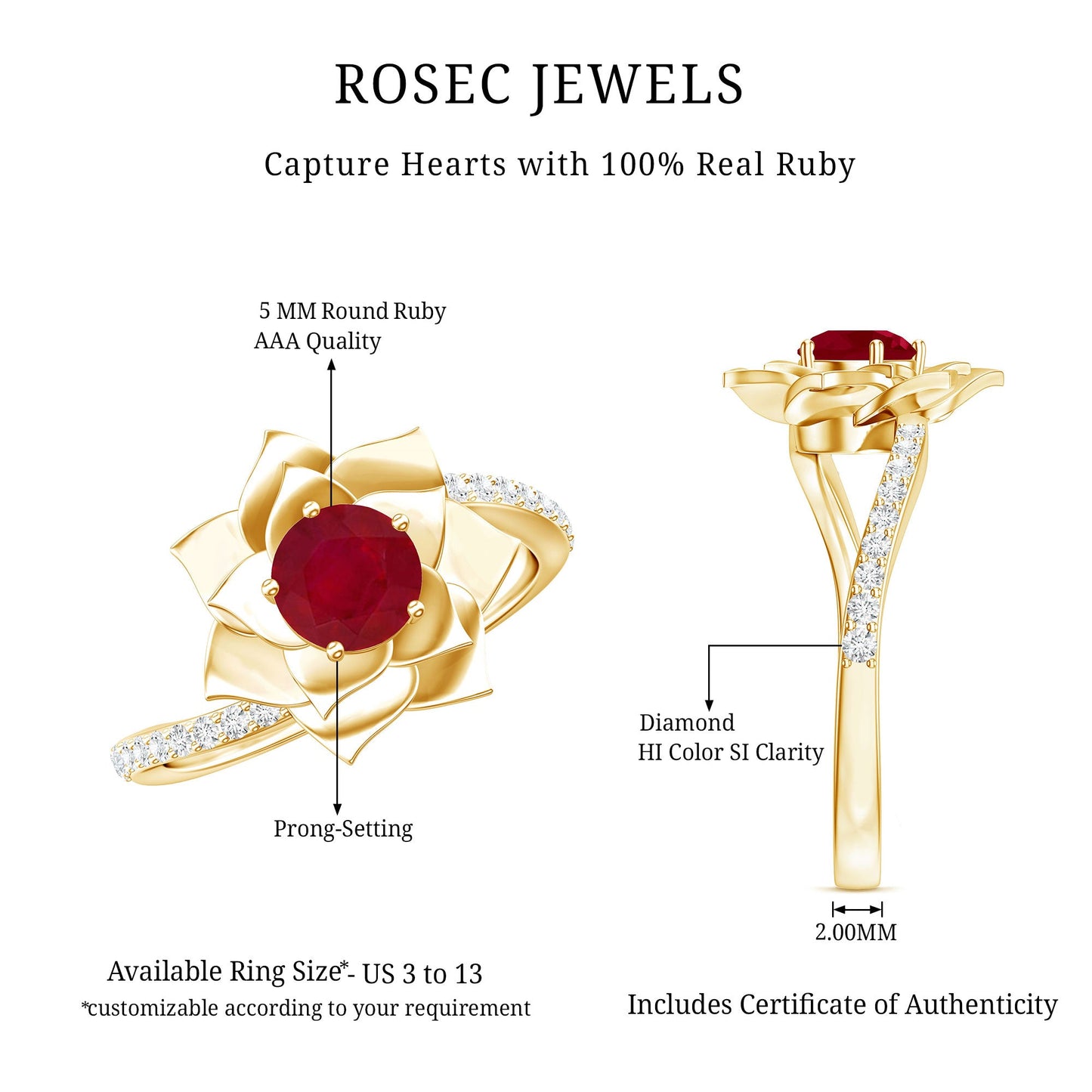 Natural 0.6 Carat Ruby Flower Engagement Ring with Diamond Bypass Shank