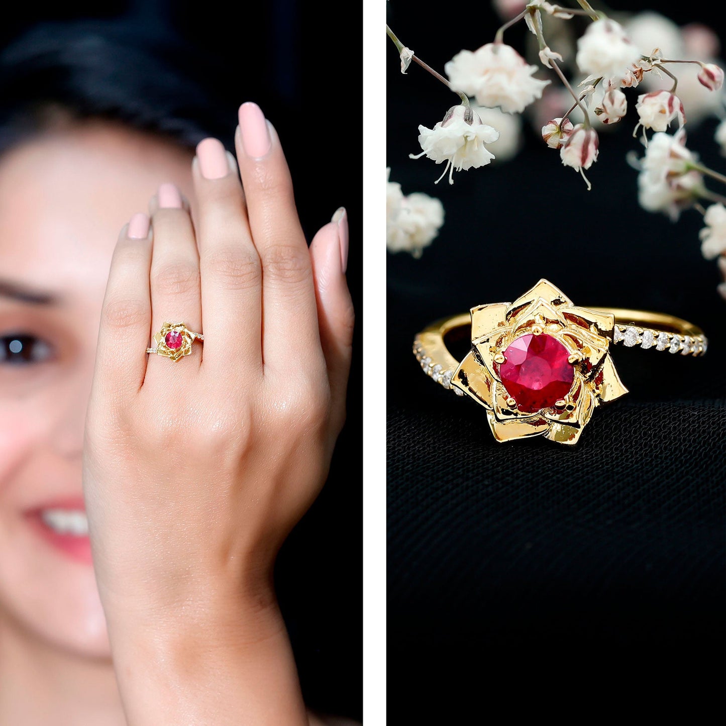 Natural 0.6 Carat Ruby Flower Engagement Ring with Diamond Bypass Shank