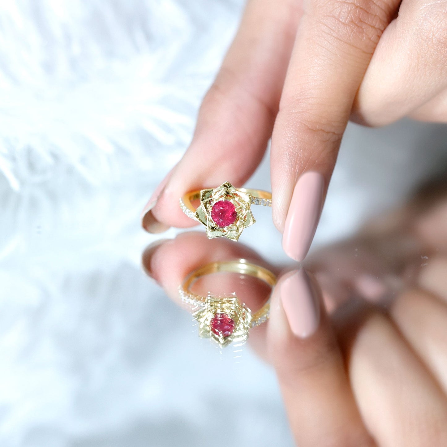 Natural 0.6 Carat Ruby Flower Engagement Ring with Diamond Bypass Shank