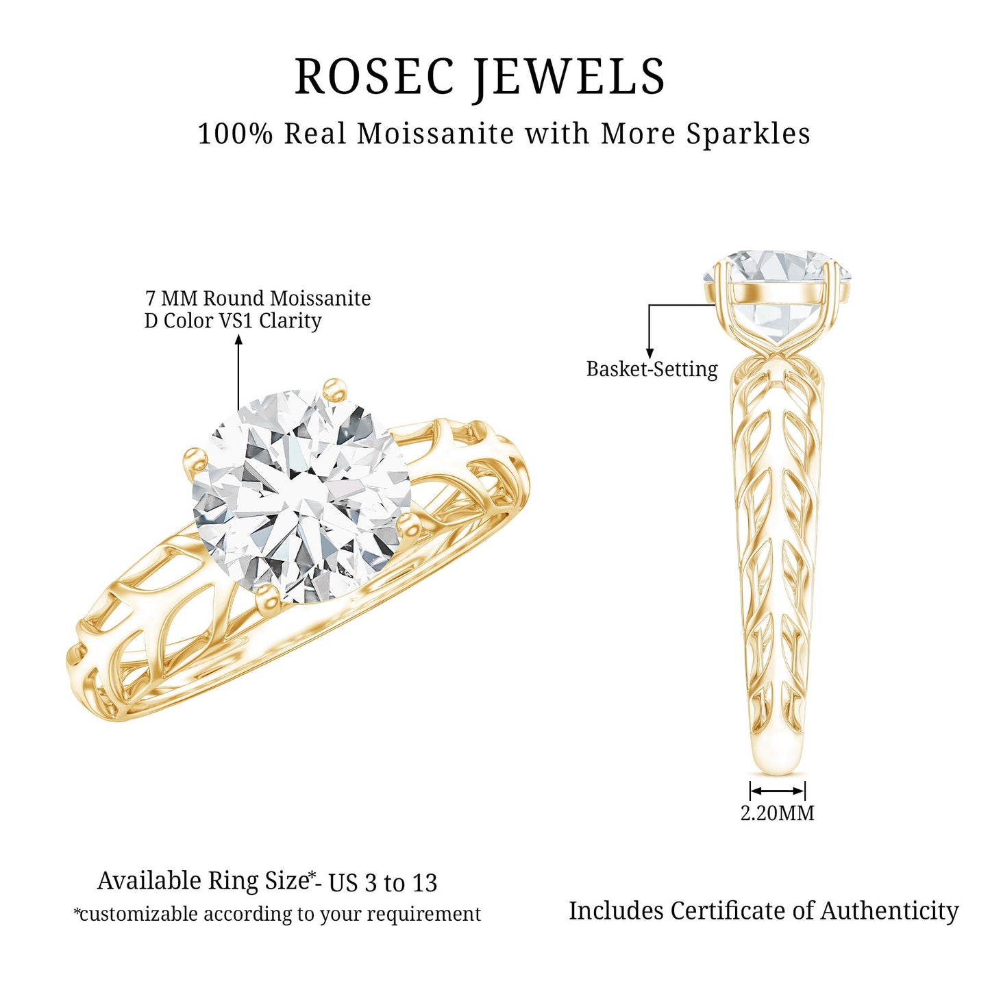 1 Carat Solitaire Moissanite Engagement Ring with Filigree Band