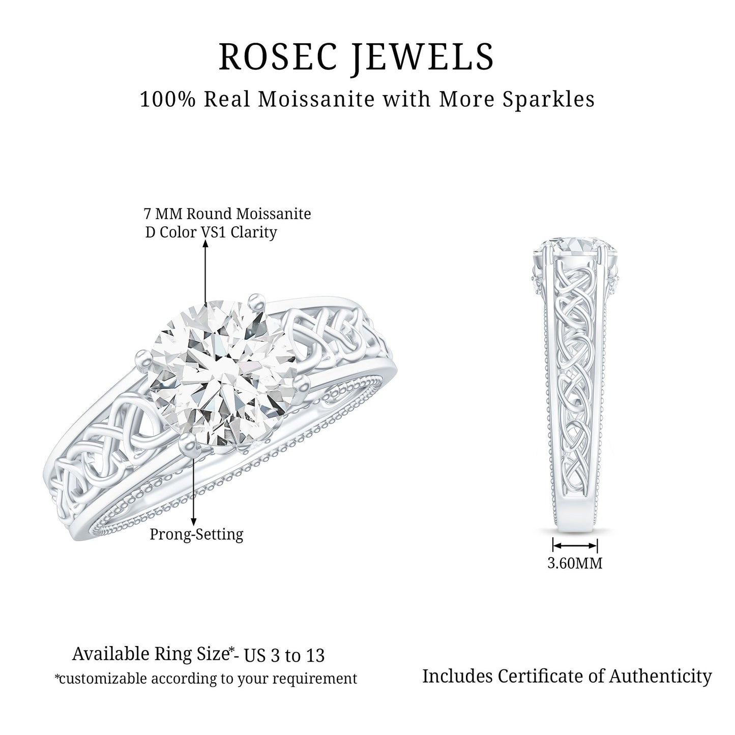 Moissanite Vintage Style Engagement Ring with Celtic Details