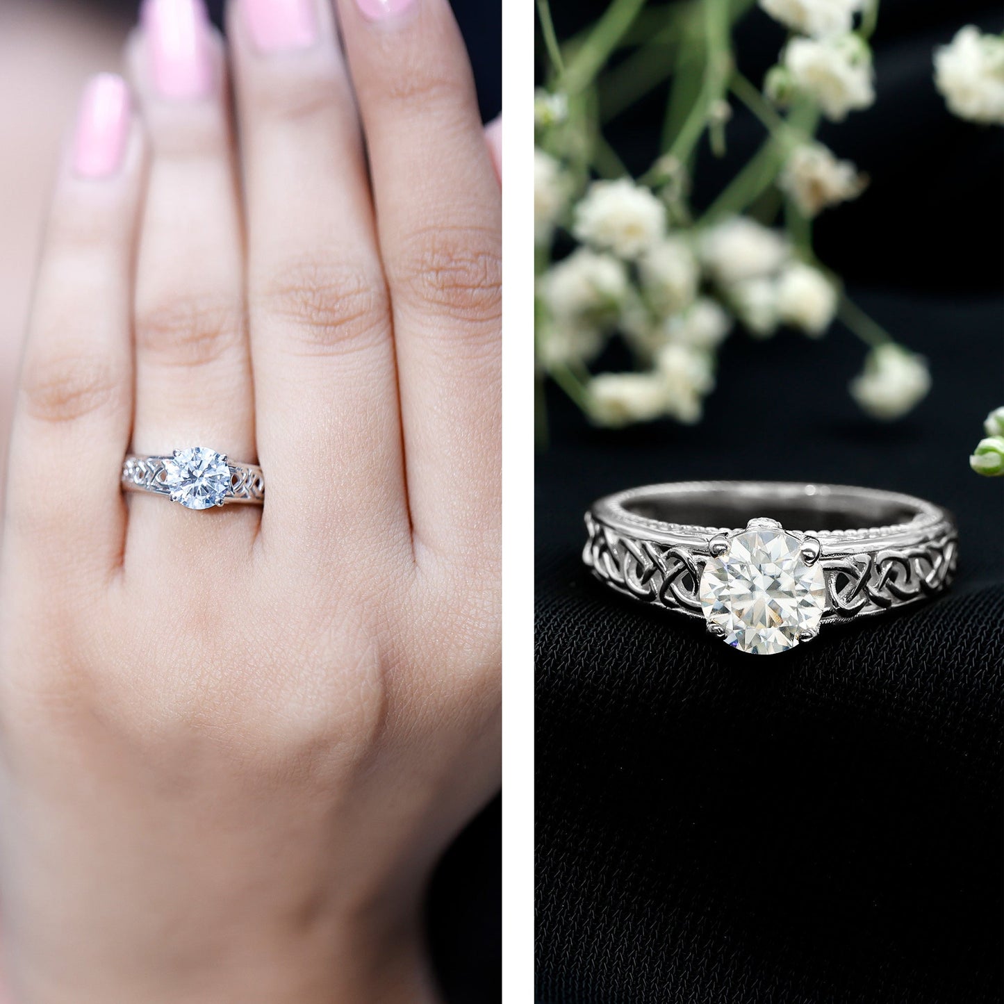 Moissanite Vintage Style Engagement Ring with Celtic Details