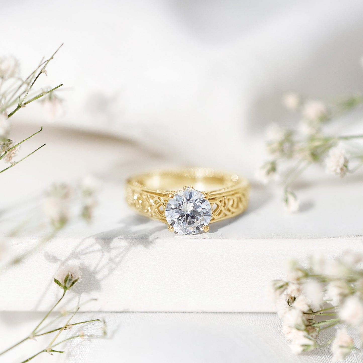 Moissanite Vintage Style Engagement Ring with Celtic Details