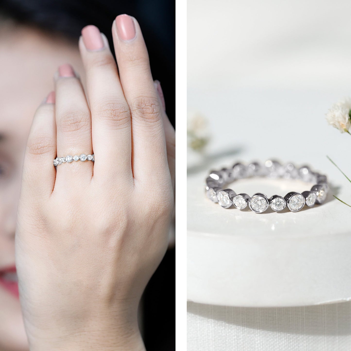 Round Cut Certified Moissanite Bezel Set Eternity Band