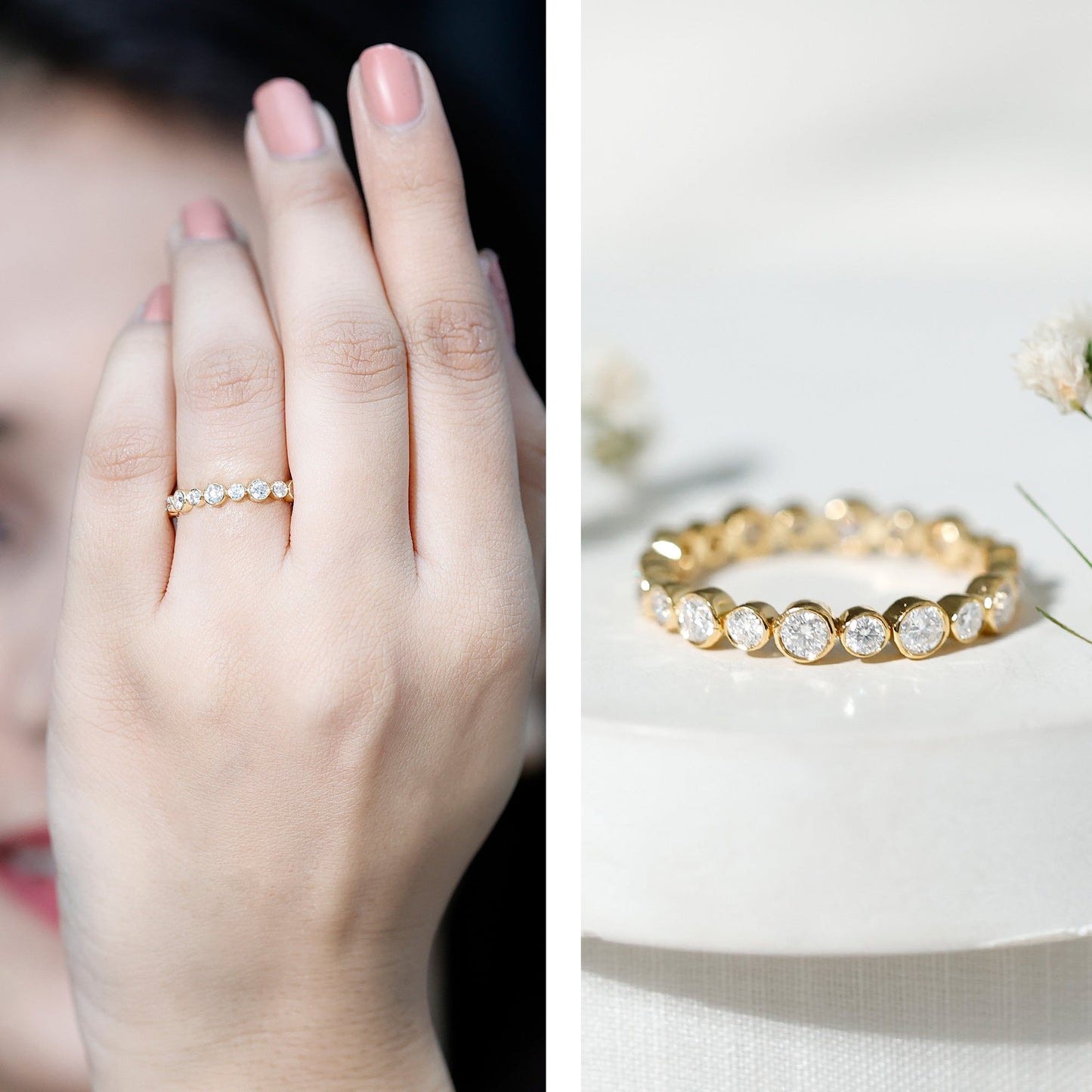 Round Cut Certified Moissanite Bezel Set Eternity Band