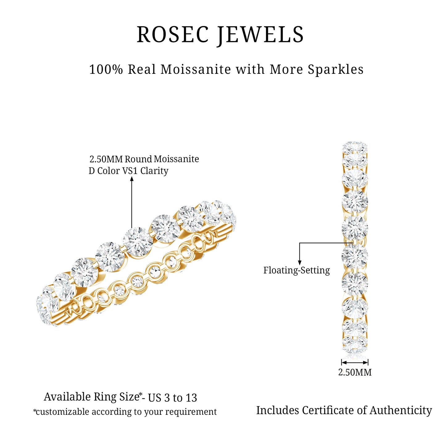 Certified Round Cut Moissanite Eternity Band Ring