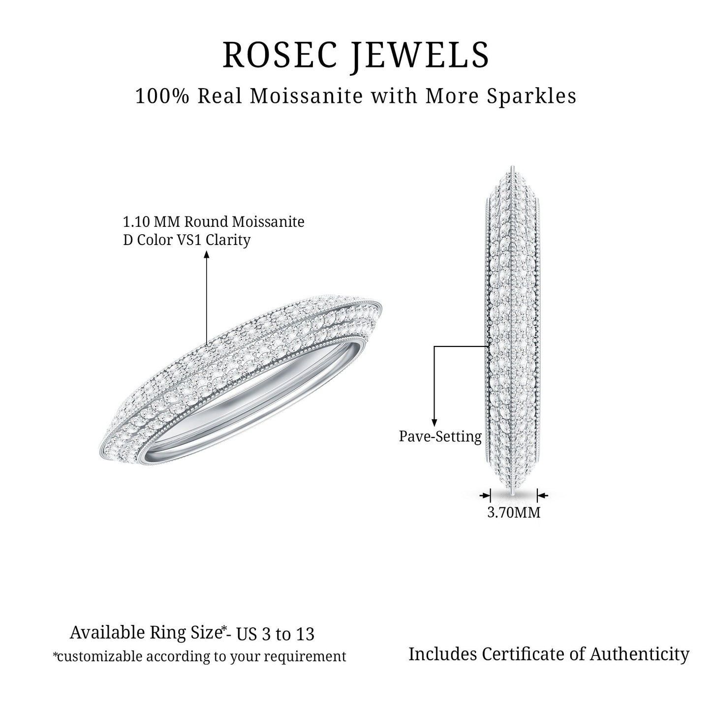 Pave Set Moissanite Eternity Band with Milgrain Detailing