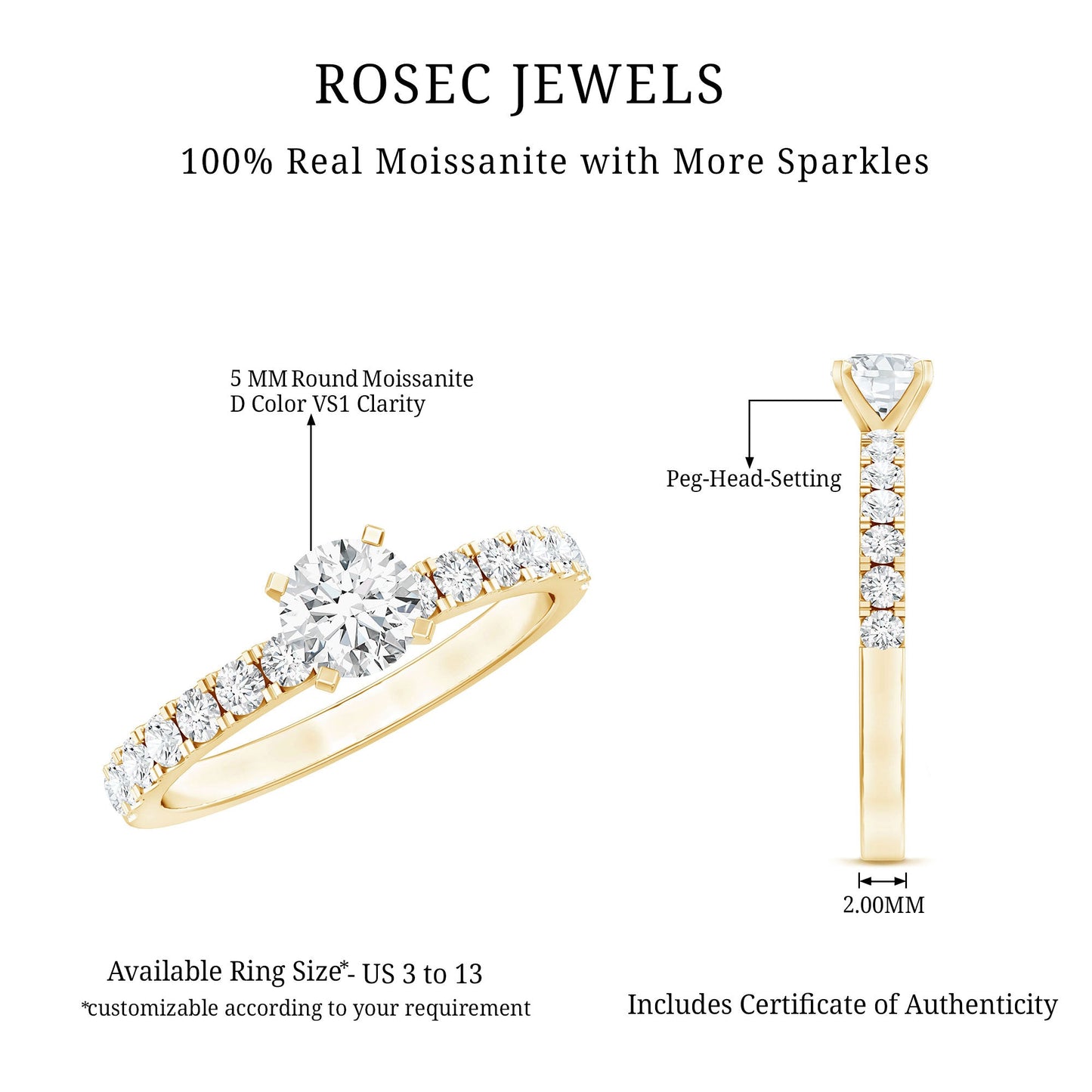 Certified 5 MM Moissanite Traditional Engagement Ring with Side Stones