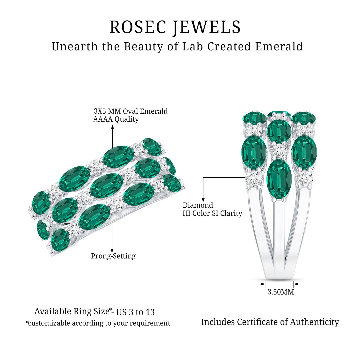 Oval Cut Lab Grown Emerald Statement Wedding Band with Diamond