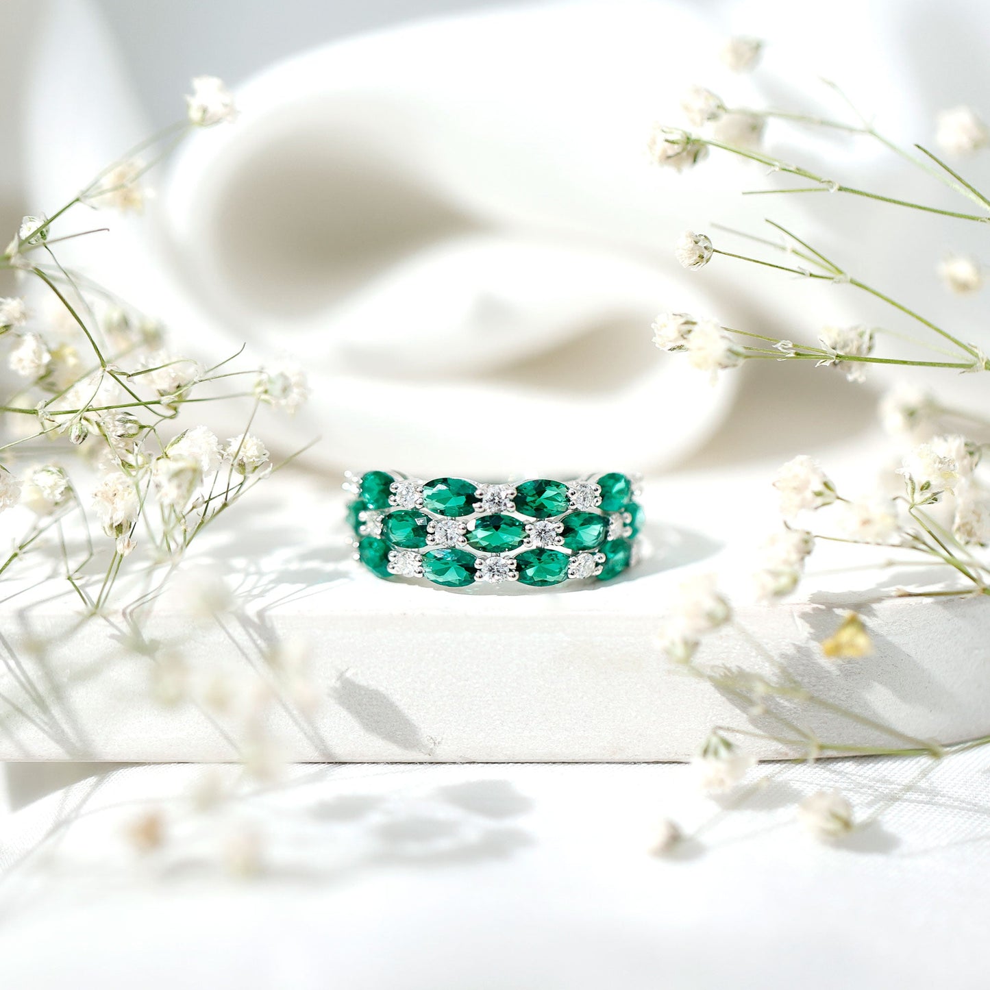 Oval Cut Lab Grown Emerald Statement Wedding Band with Diamond