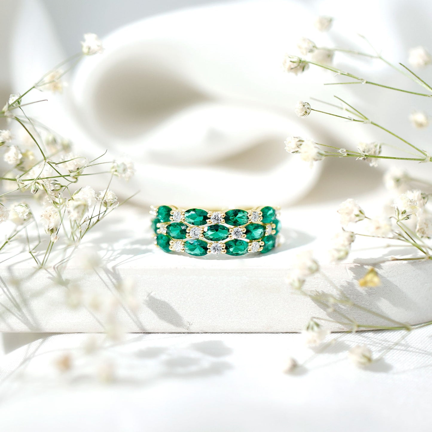 Oval Cut Lab Grown Emerald Statement Wedding Band with Diamond