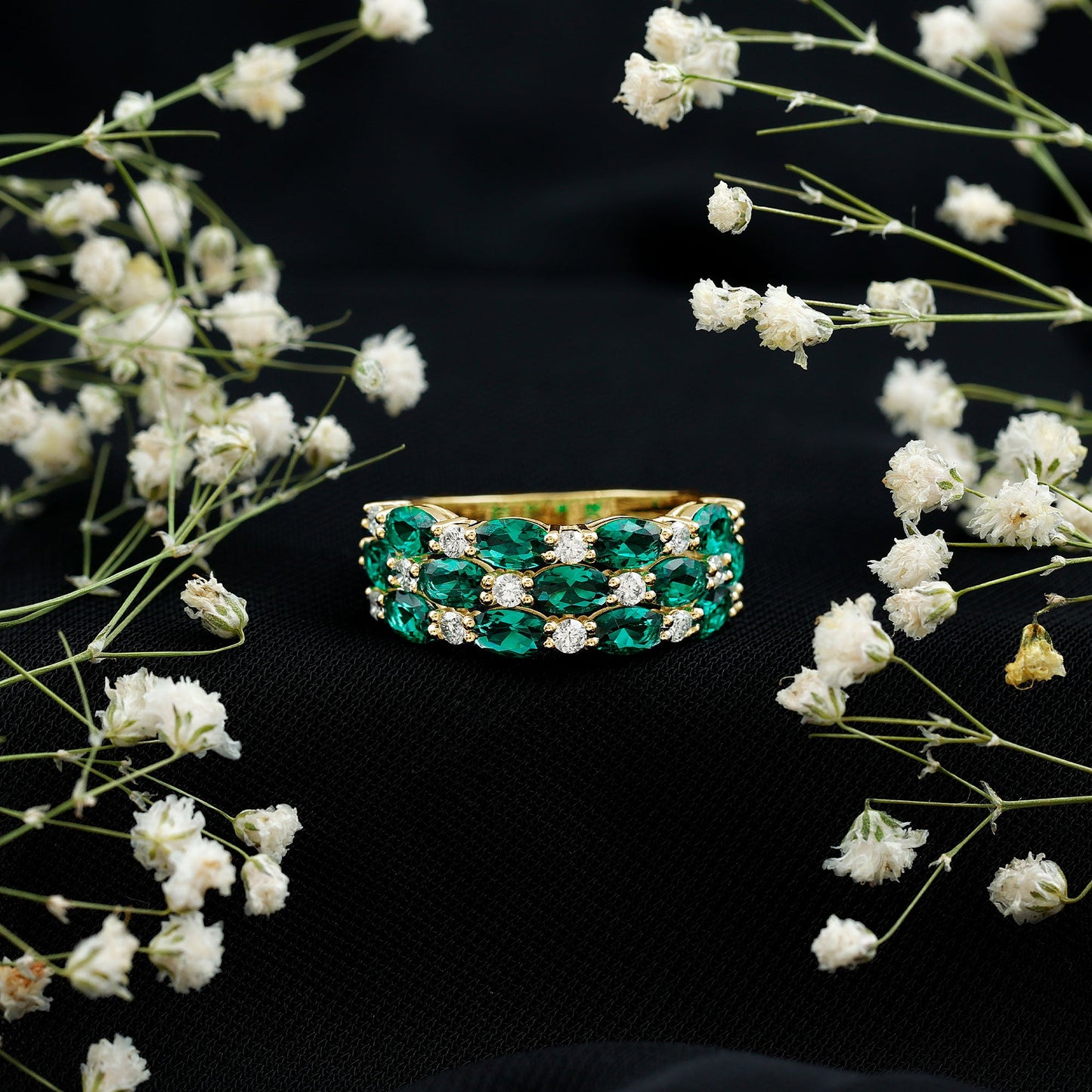 Oval Cut Lab Grown Emerald Statement Wedding Band with Diamond