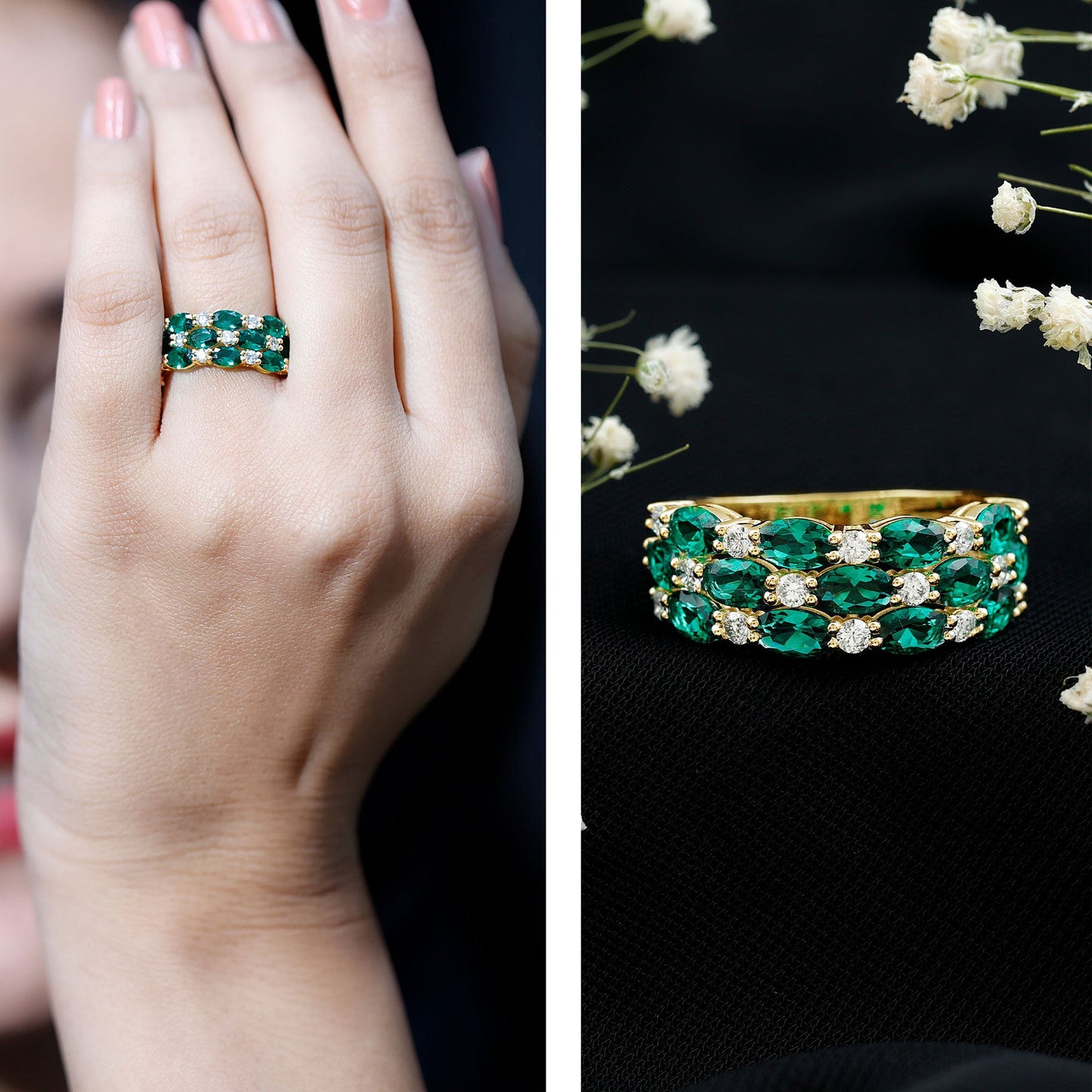 Oval Cut Lab Grown Emerald Statement Wedding Band with Diamond
