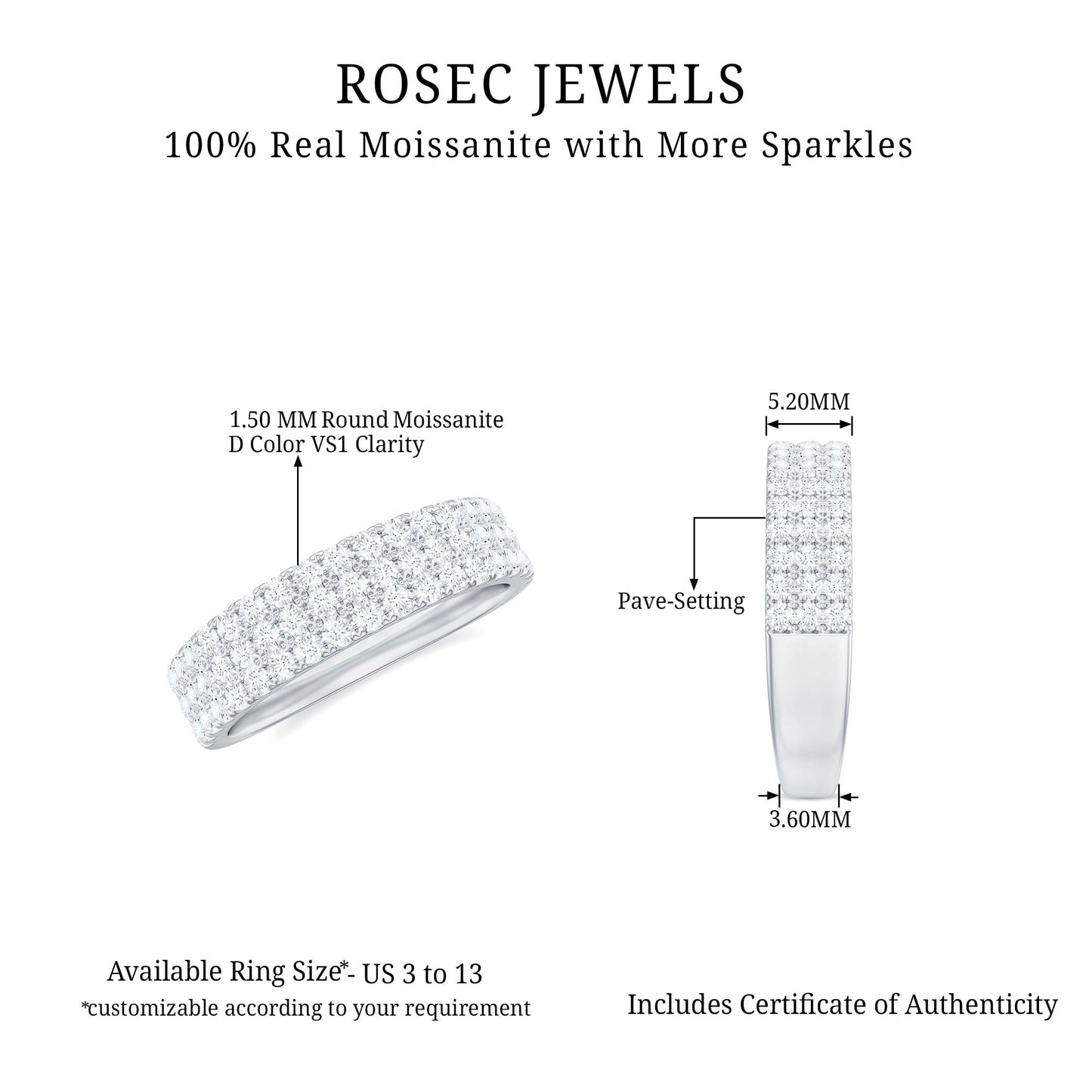 Three Row Moissanite Half Eternity Band Ring