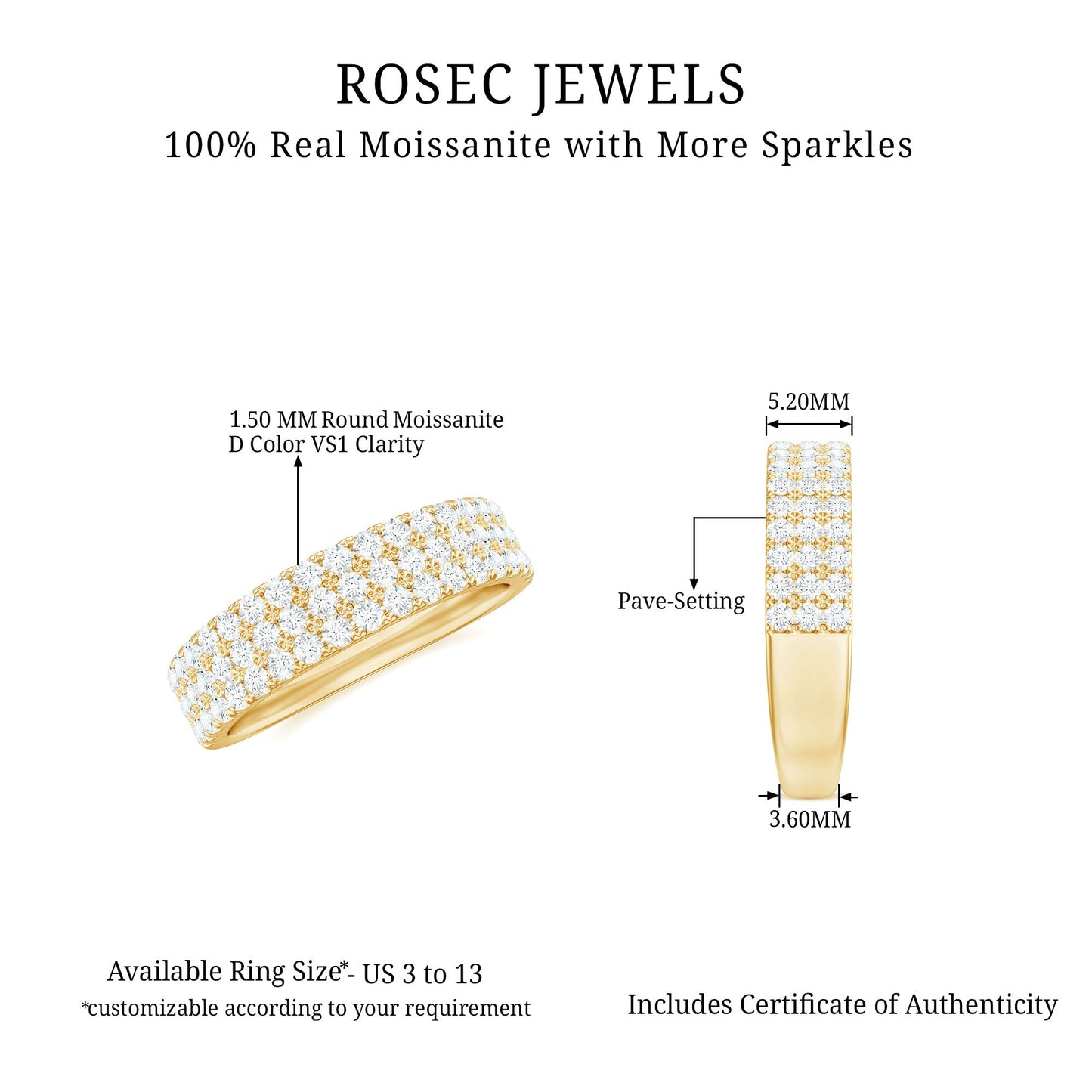 Three Row Moissanite Half Eternity Band Ring