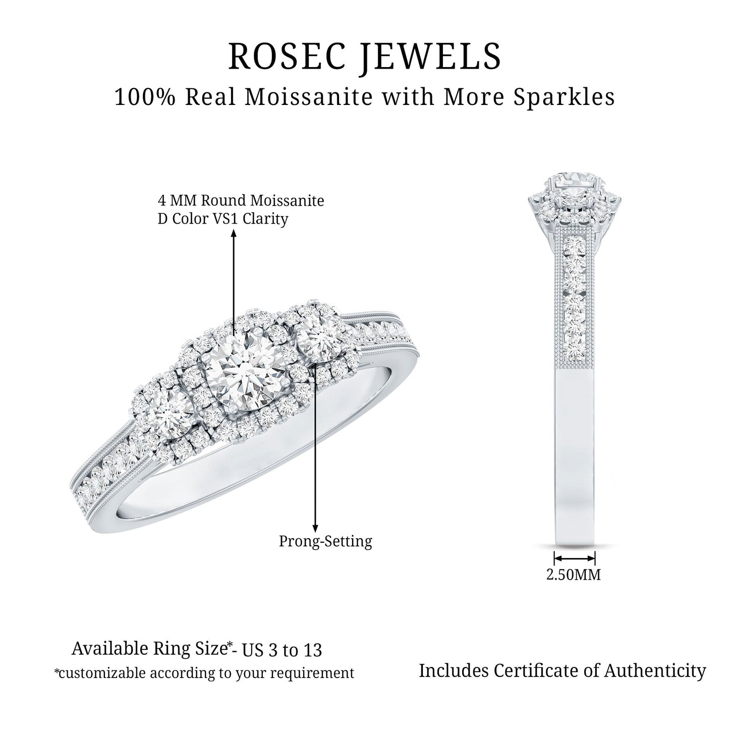 Vintage Style Moissanite 3 Stone Engagement Ring