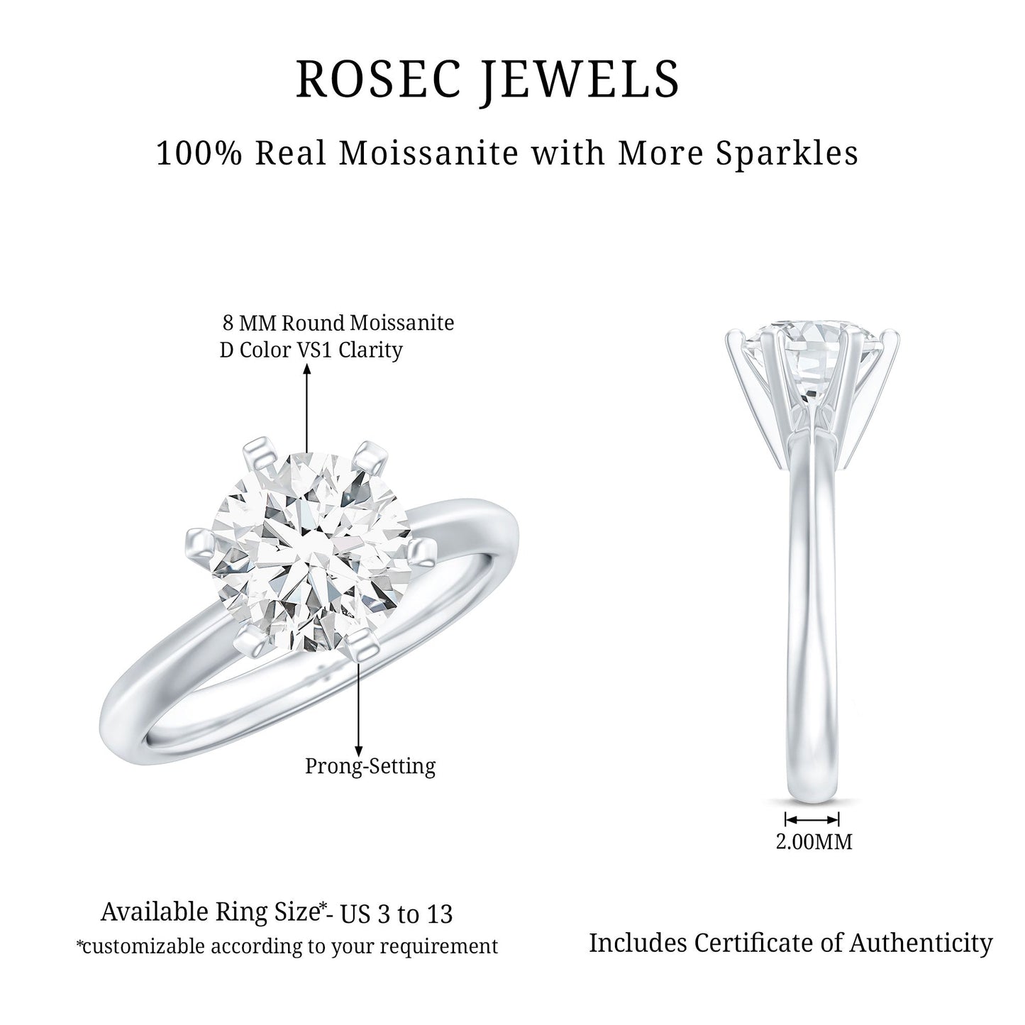 Brilliant Cut Solitaire Moissanite 2 CT Engagement Ring with Certificate