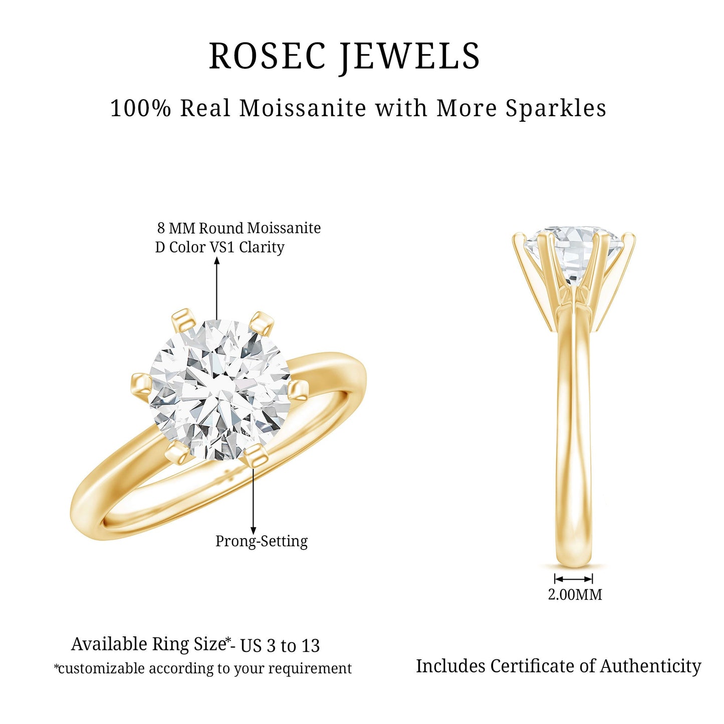 Brilliant Cut Solitaire Moissanite 2 CT Engagement Ring with Certificate