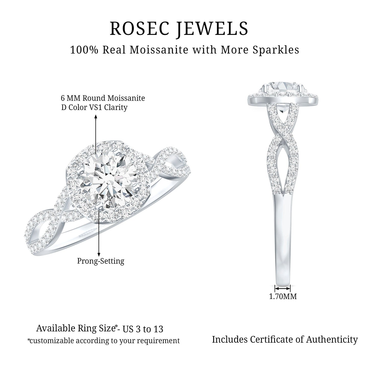 Certified Moissanite Halo Engagement Ring with Criss Cross Shank