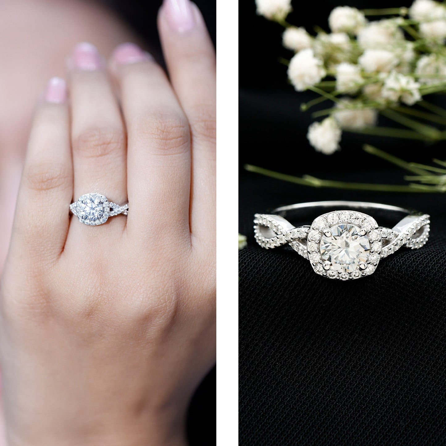 Certified Moissanite Halo Engagement Ring with Criss Cross Shank