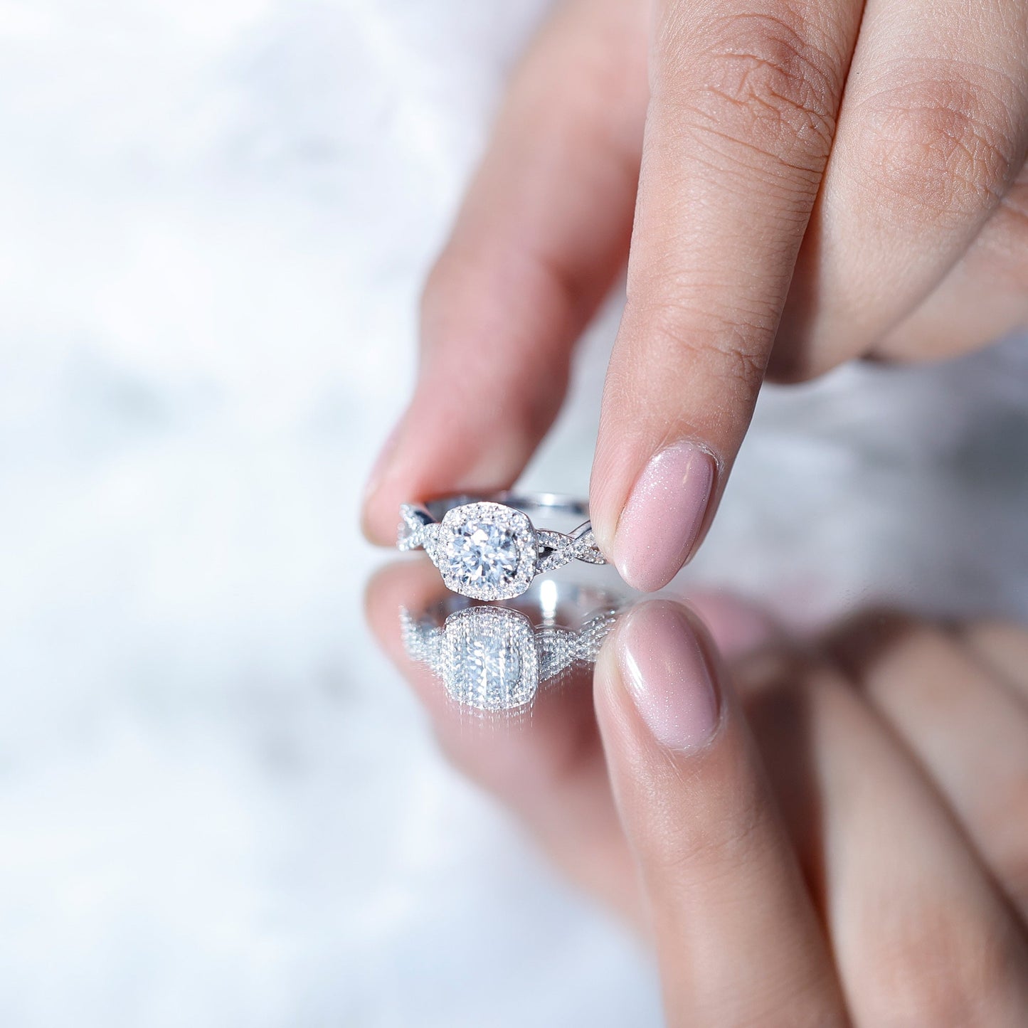Certified Moissanite Halo Engagement Ring with Criss Cross Shank