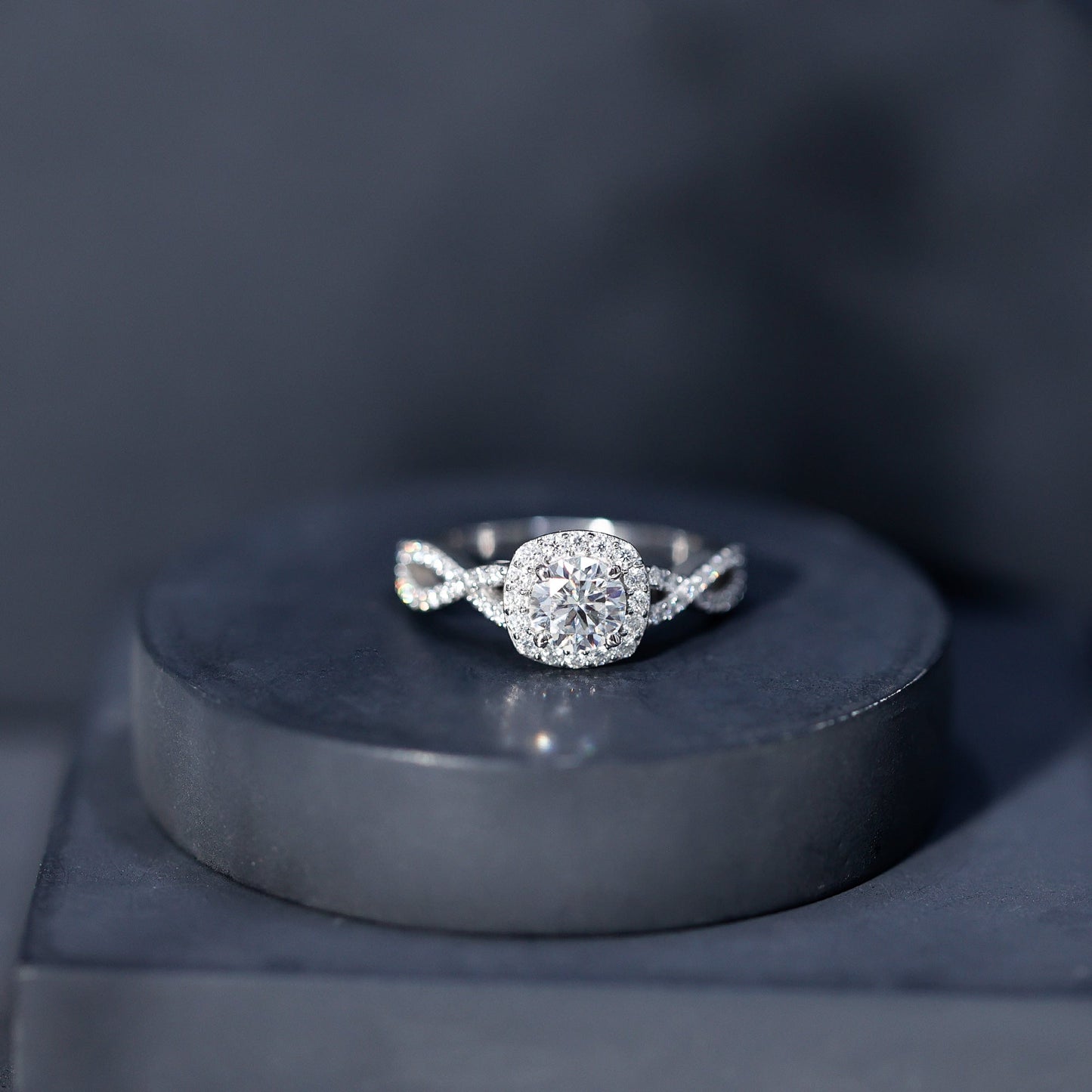 Certified Moissanite Halo Engagement Ring with Criss Cross Shank