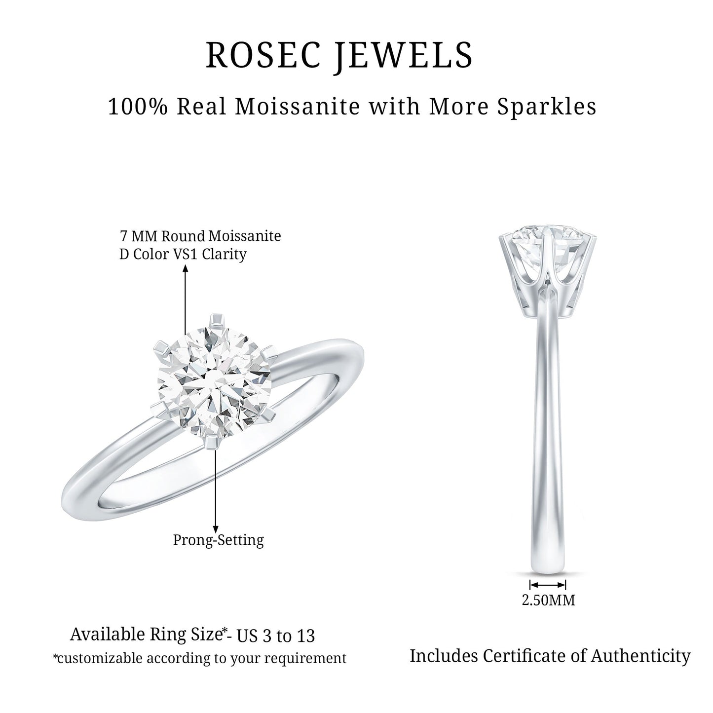 Certified 1 CT Moissanite Round Solitaire Engagement Ring