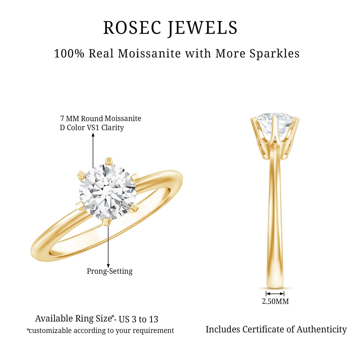 Certified 1 CT Moissanite Round Solitaire Engagement Ring