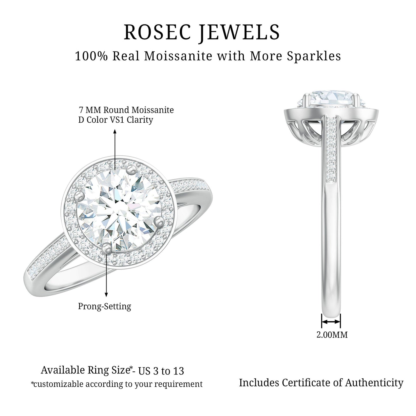 Round Moissanite Halo Engagement Ring with Certificate