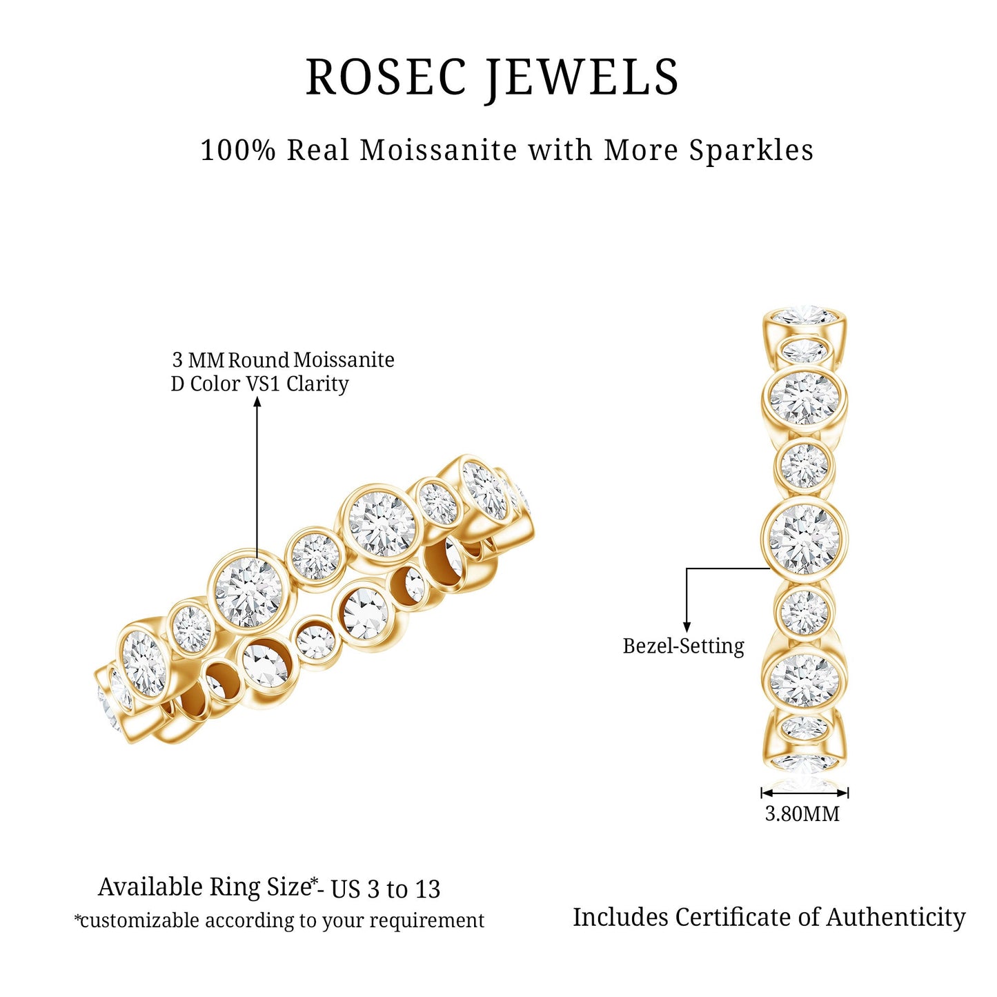 Certified Round Cut Moissanite Eternity Stackable Ring For Her