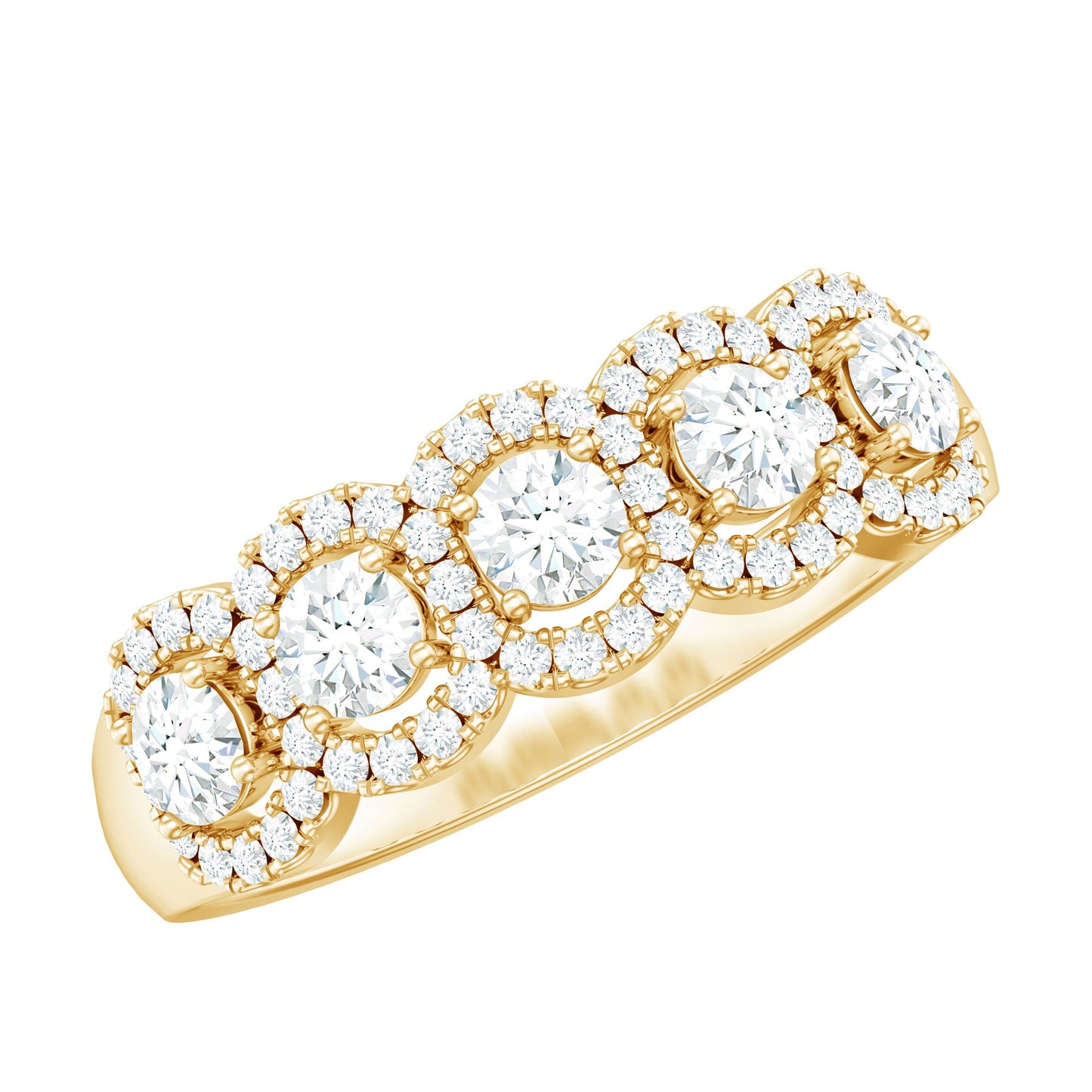 Round Cut Moissanite 5 Stone Anniversary Ring with Halo