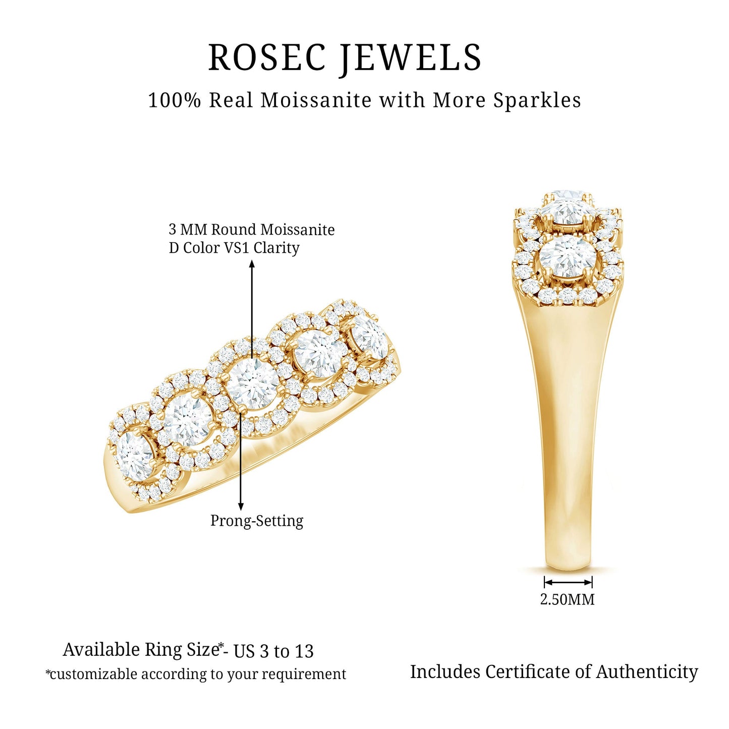 Round Cut Moissanite 5 Stone Anniversary Ring with Halo