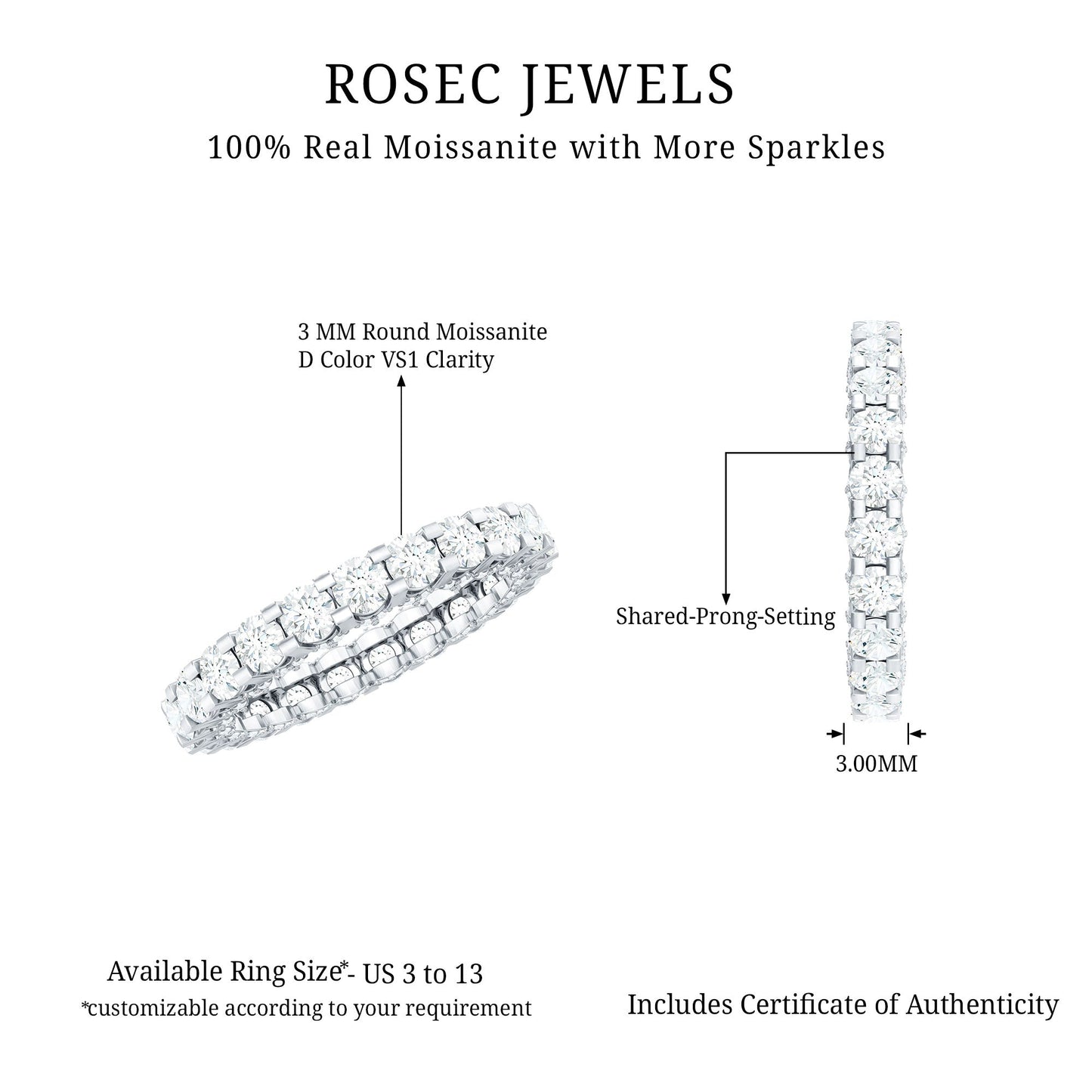 Certified Moissanite Eternity Band Ring in Shared Prong Set